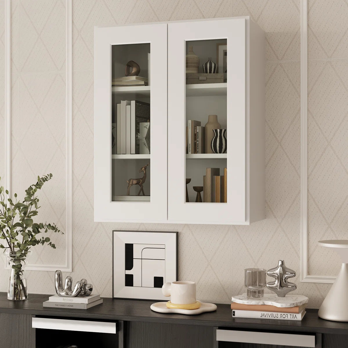 24"W * 36"H * 12"D Shaker White Glass Wall Kitchen Cabinet with Adjustable Shelves