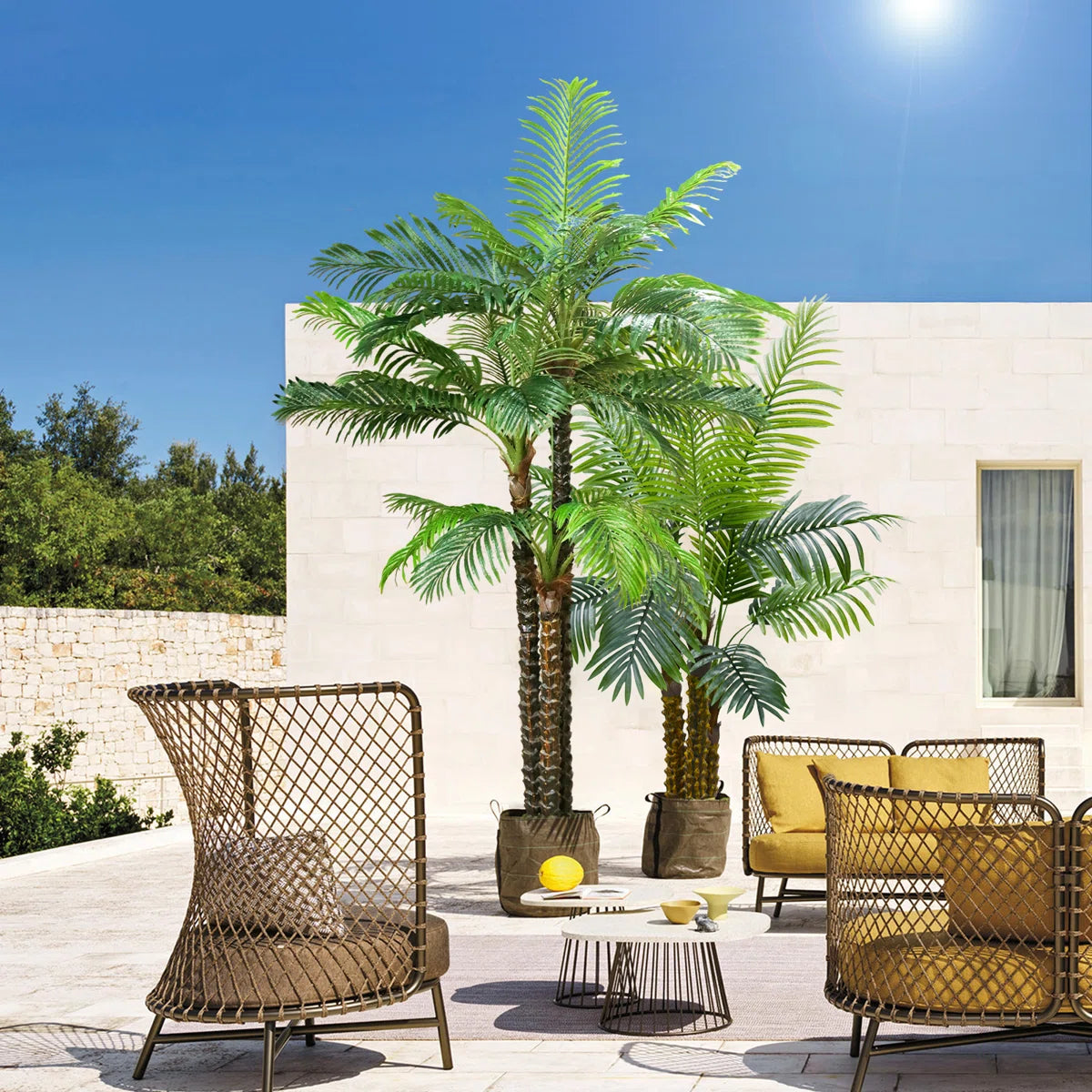 8FT Artificial Palm Tree For Outdoors Triple Tropical Phoenix Palm UV Resistant Fake Palm Plants