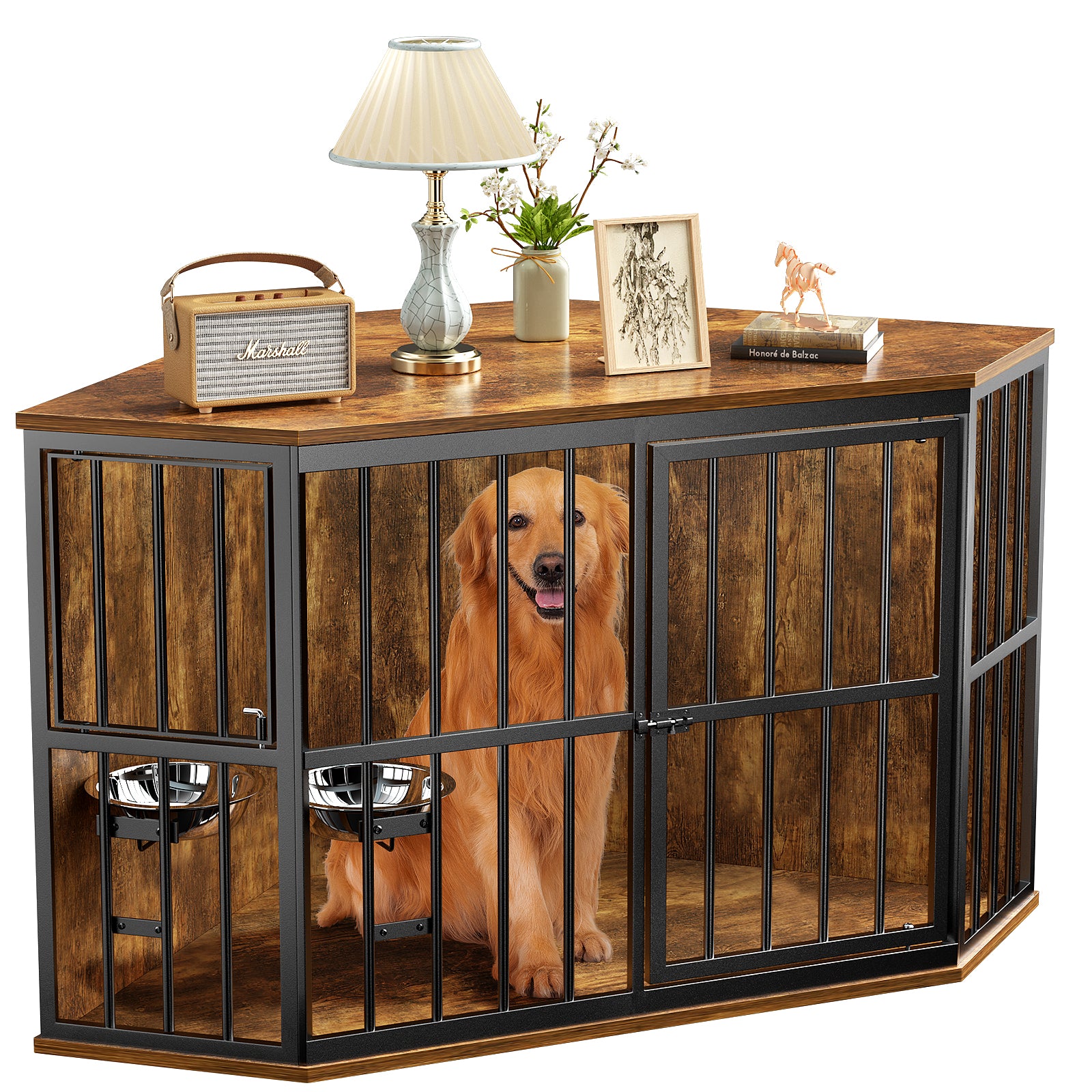 Furniture Dog Crate Corner, Dog Kennel Corner Wooden End Table with Bowl
