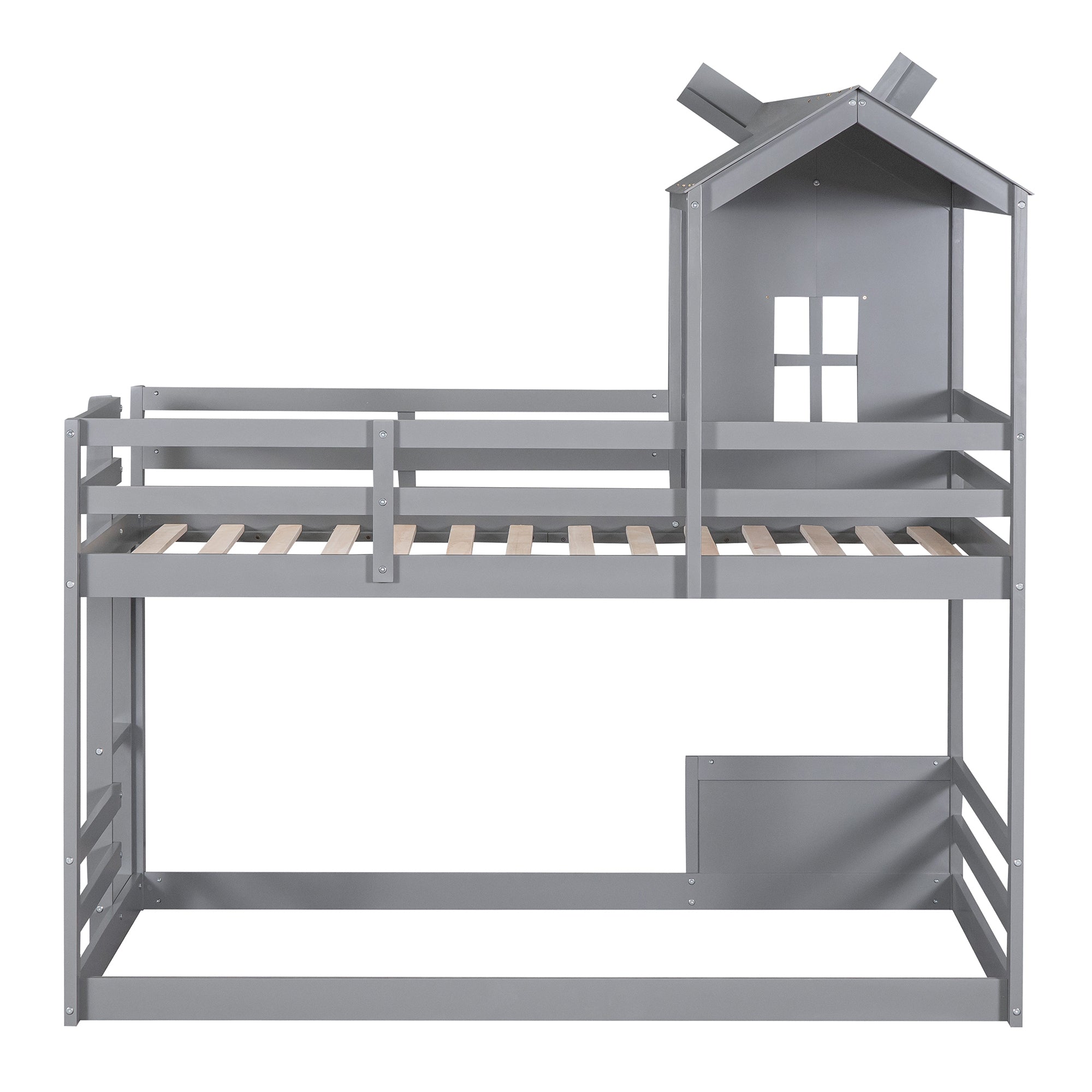 Twin over Twin Bunk Bed with Roof and Window, with Guardrails and Ladder, Gray