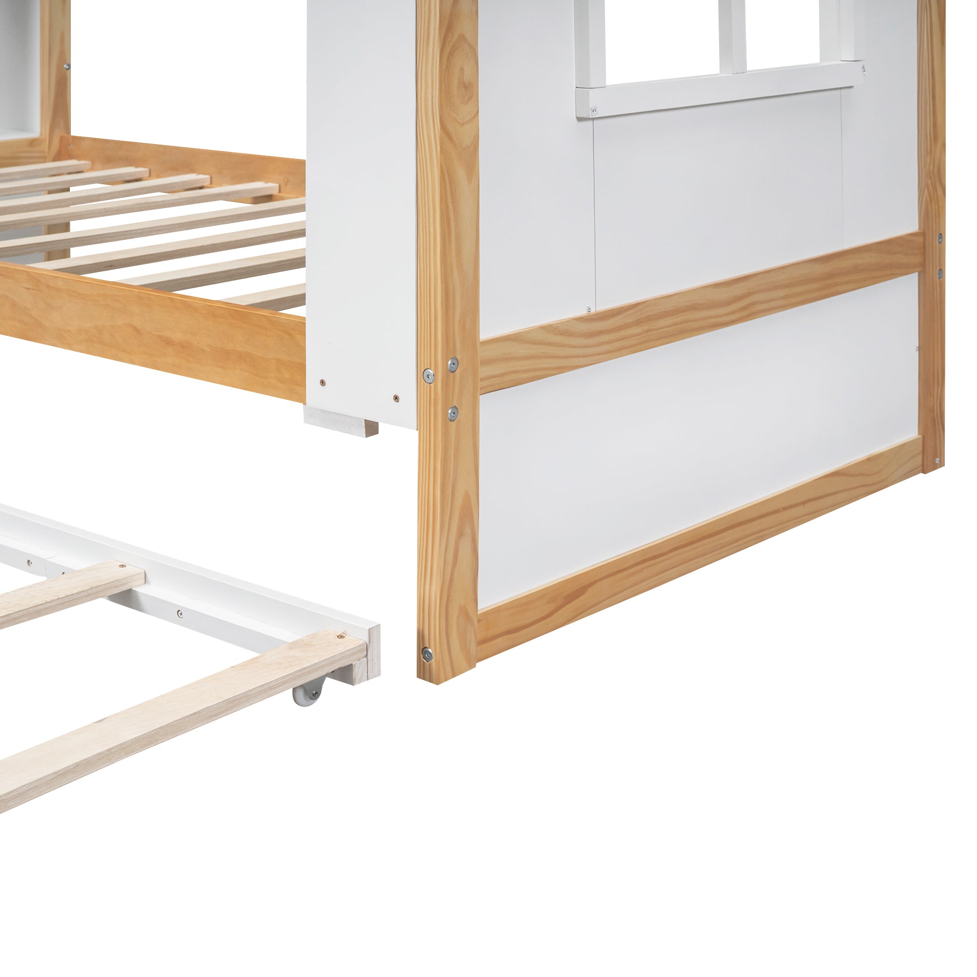 Twin Size House Platform Bed with Storage Shelves and Twin Size Trundle, White