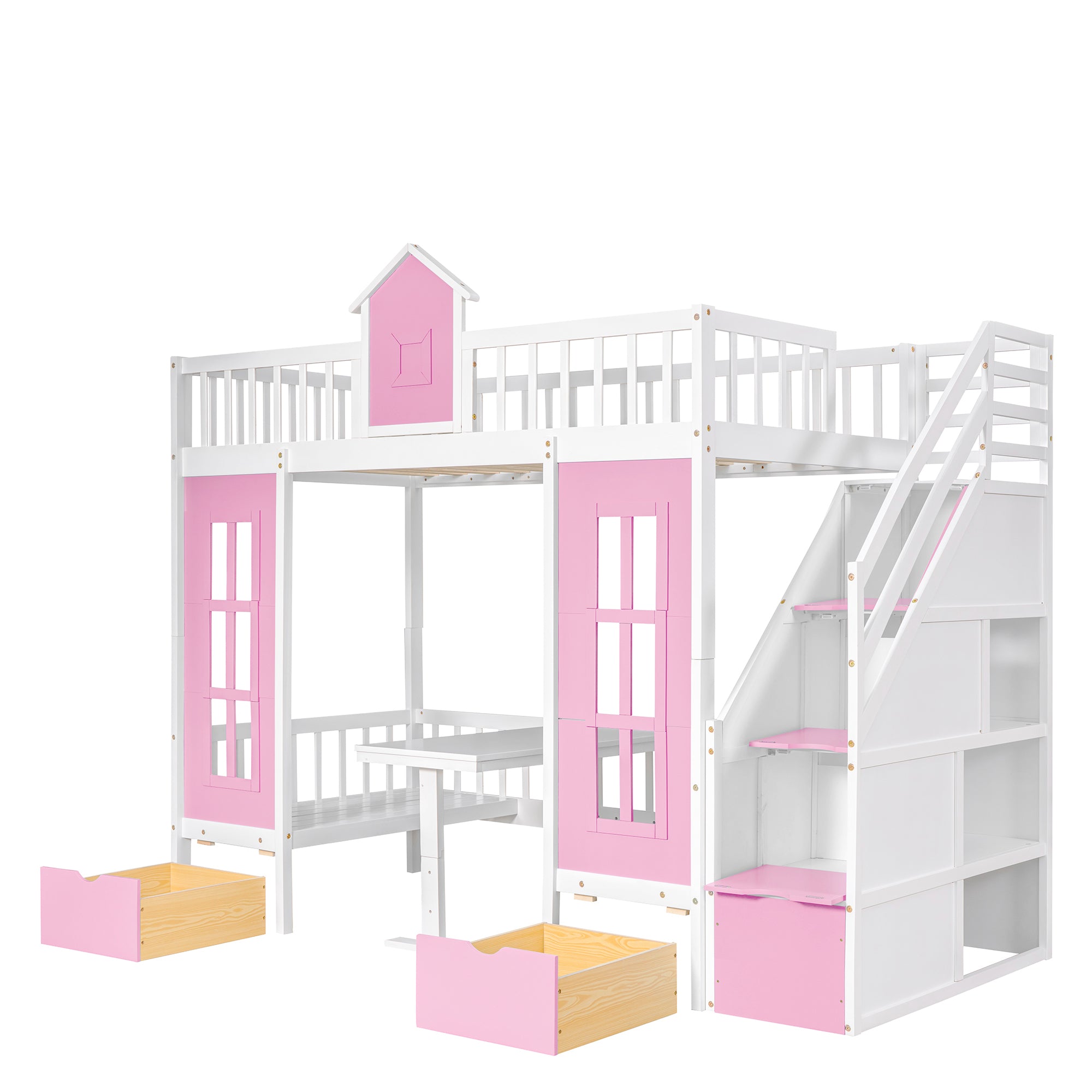 Twin-Over-Twin Bunk Bed with Changeable Table , Bunk Bed Turn into Upper Bed and Down Desk with 2 Drawers - Pink