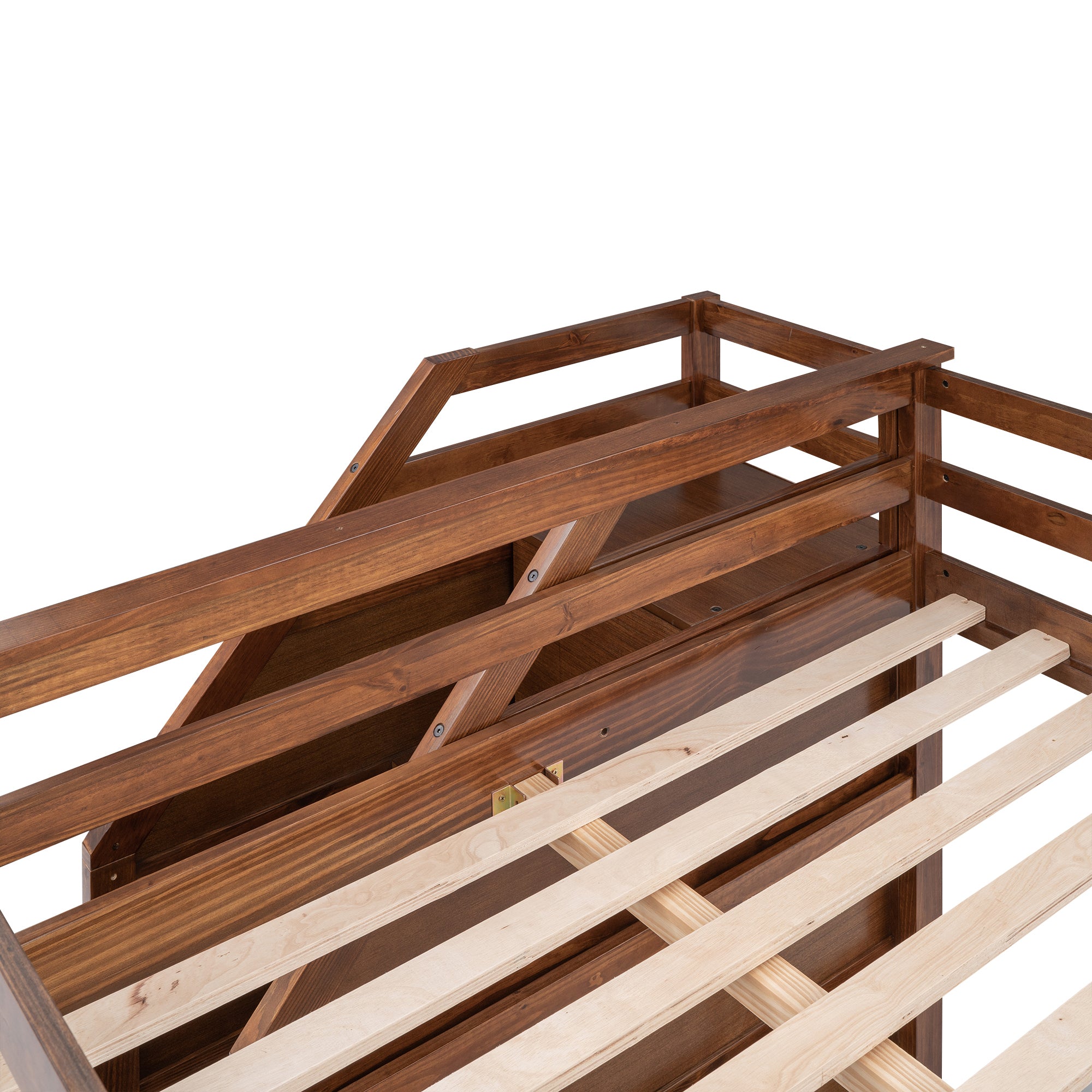 Full-over-Full Bunk Bed with Twin Size Trundle and 3 Storage Stairs,Walnut