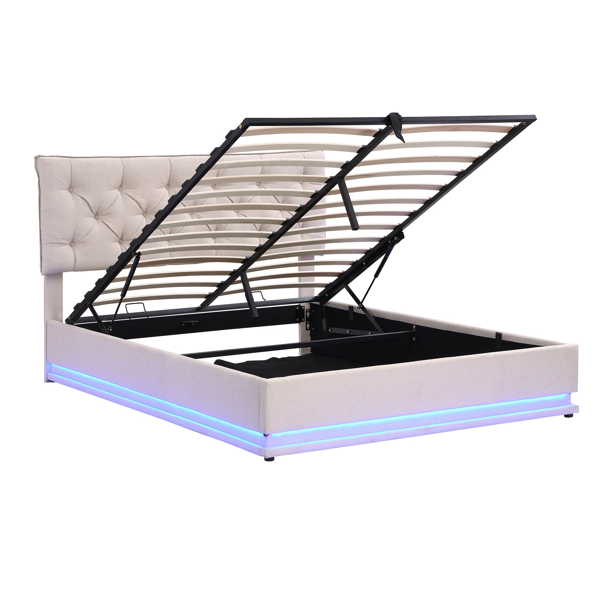 Queen Size Upholstered Bed with Hydraulic Storage System and LED Light, Modern Platform Bed with Button-tufted Design Headboard, Beige