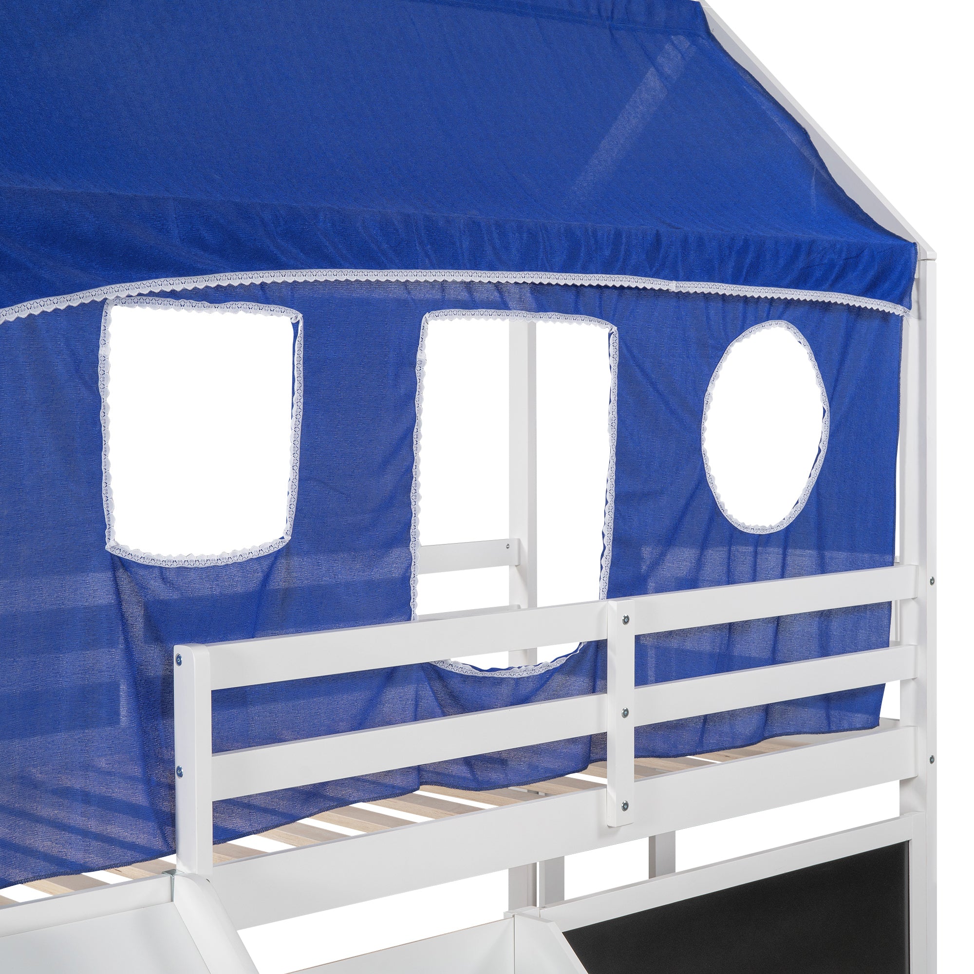 Twin over Twin House Bunk Bed with Blue Tent, Slide, Shelves and Blackboard, White