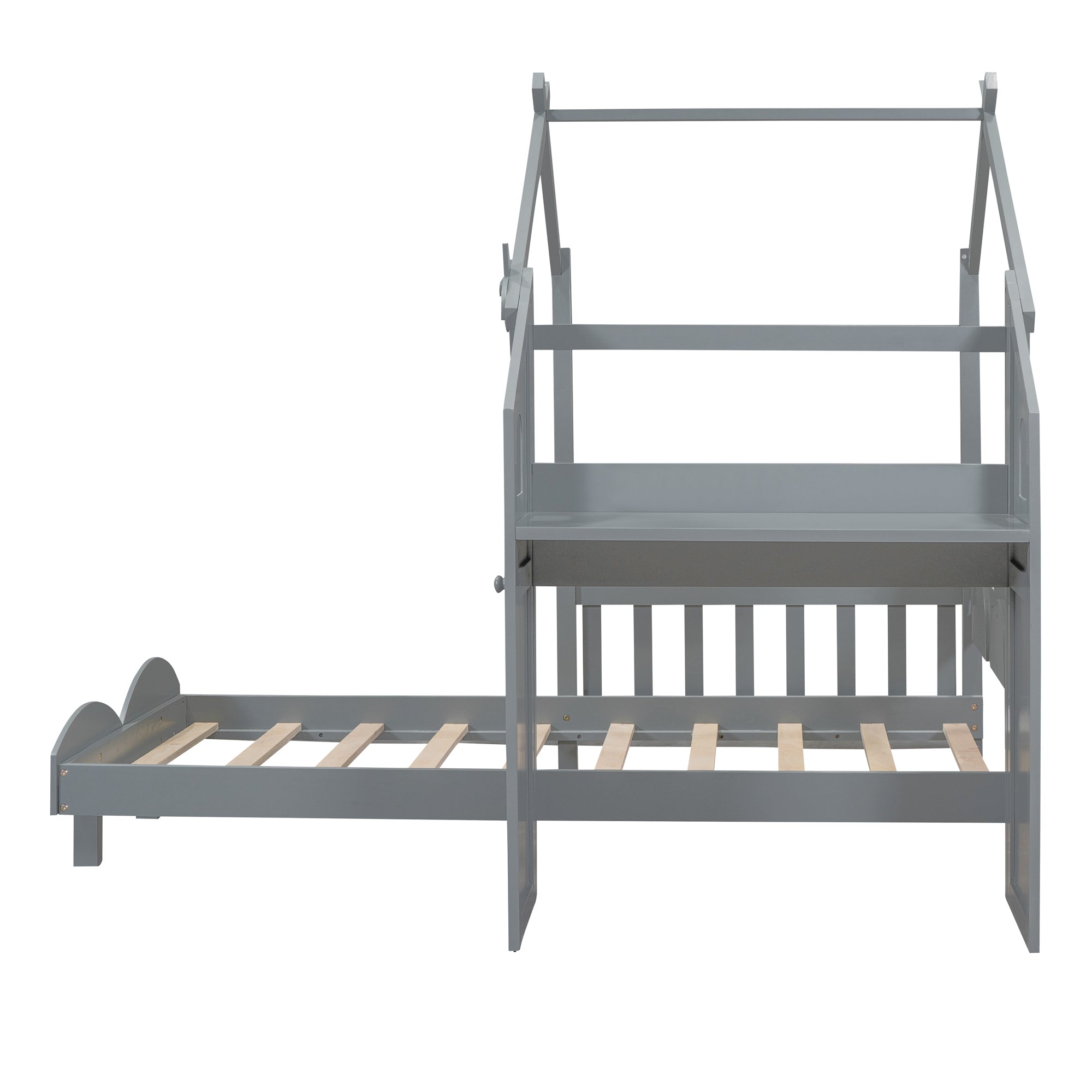 Twin Size Platform Bed with Windmill and Flower Decor, House Bed with Desk and two Handles, Gray