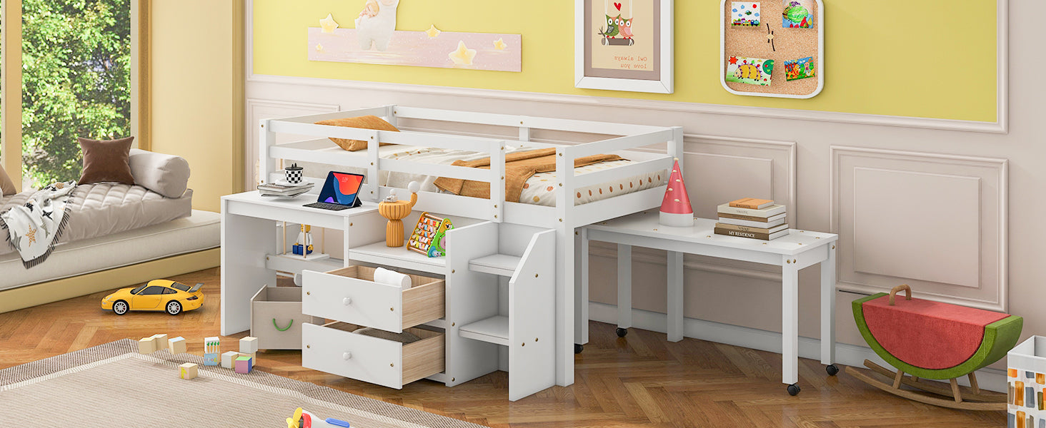 Twin Size Loft Bed with Desk and Drawers, Wooden Loft Bed with Lateral Portable Desk, White