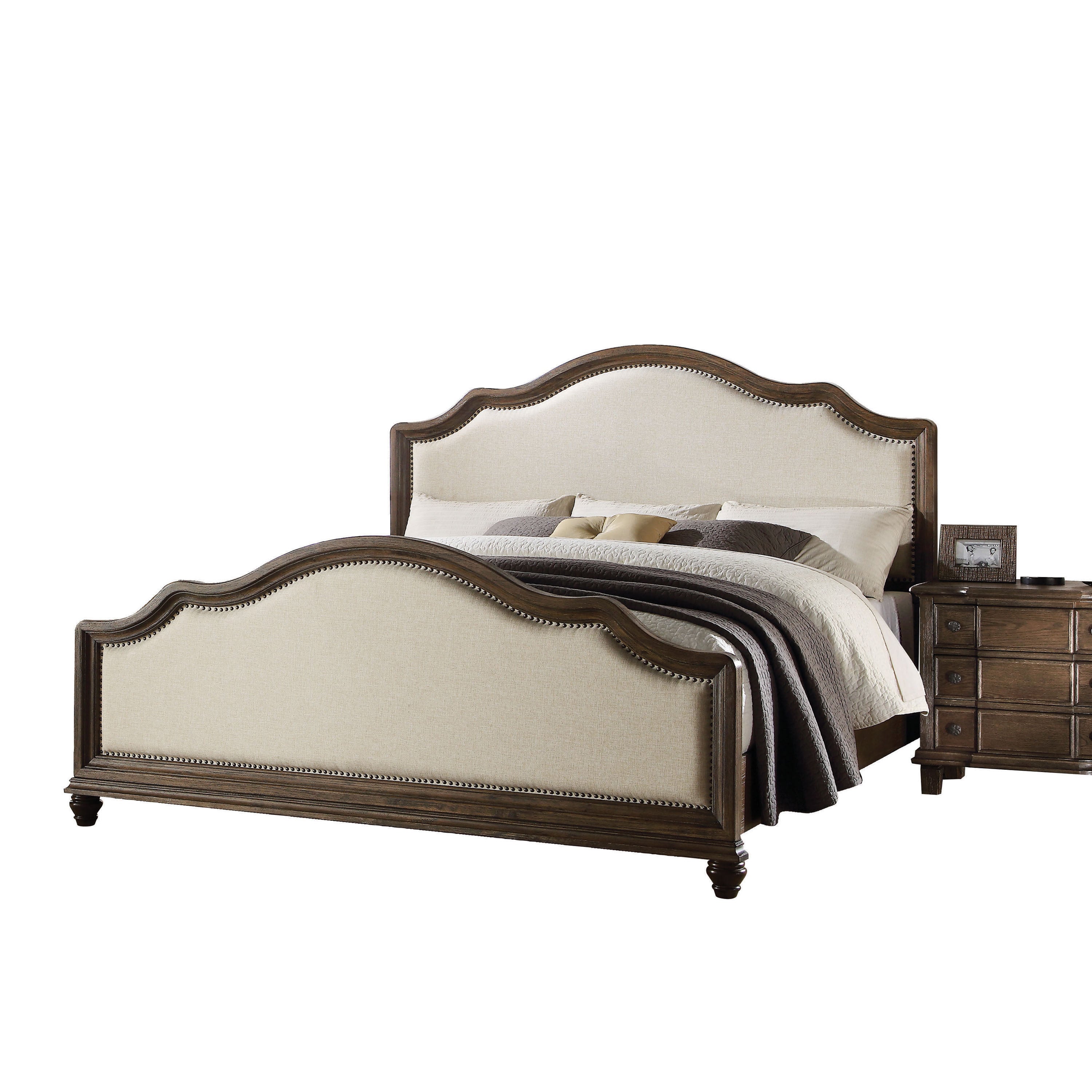 Baudouin Queen Bed in Beige Linen & Weathered Oak 26110Q