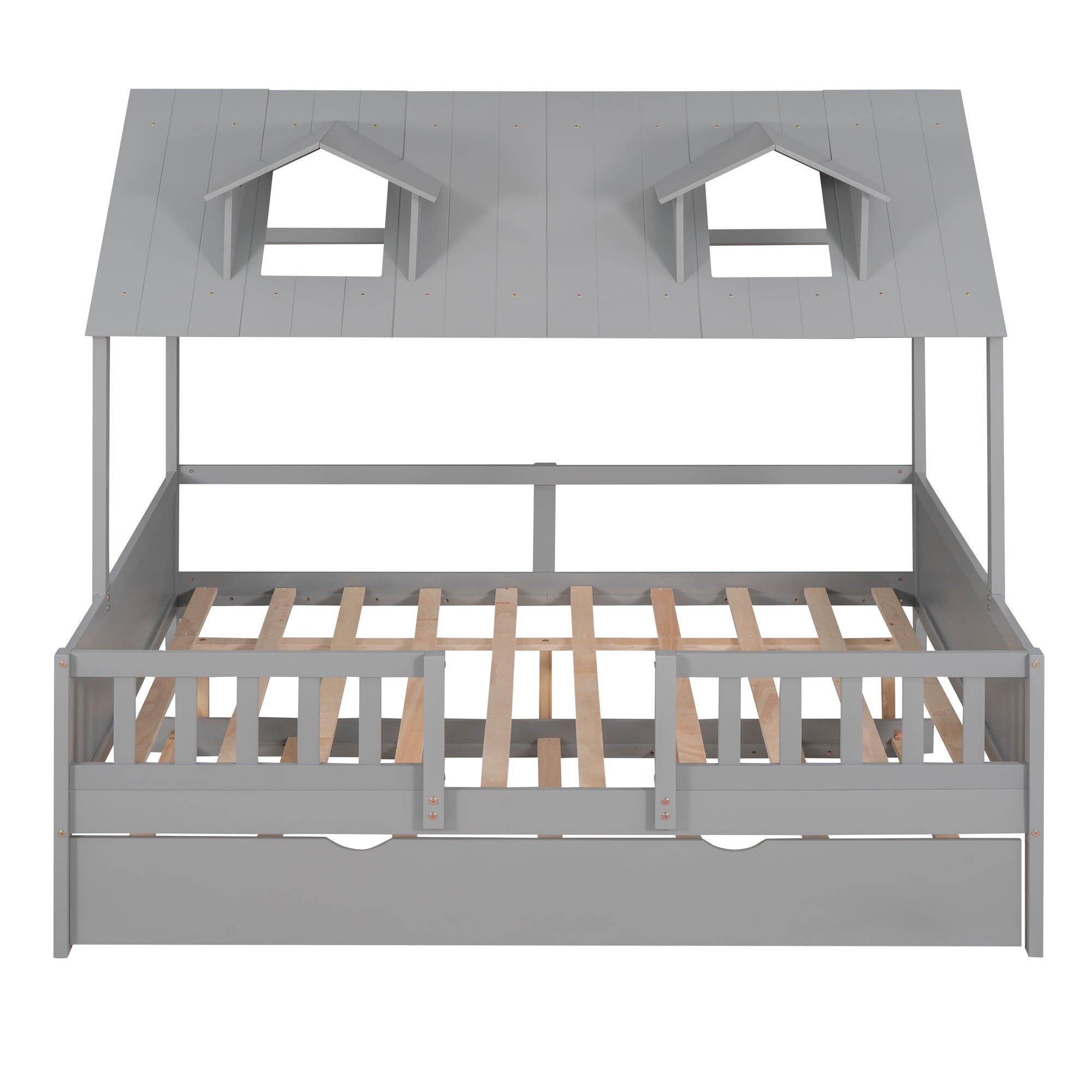 Full Size House Bed Wood Bed with Twin Size Trundle ( Gray )