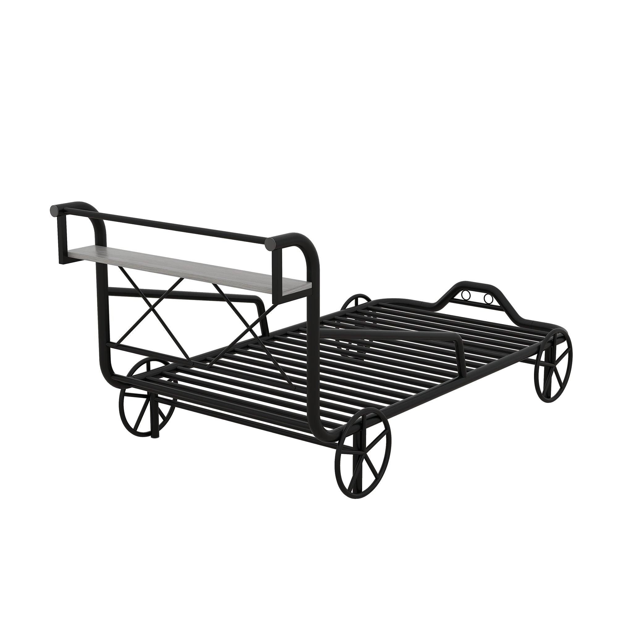 Twin Size Metal Car Bed with Four Wheels, Guardrails and X-Shaped Frame Shelf, Black(Old SKU: MF297599AAB)