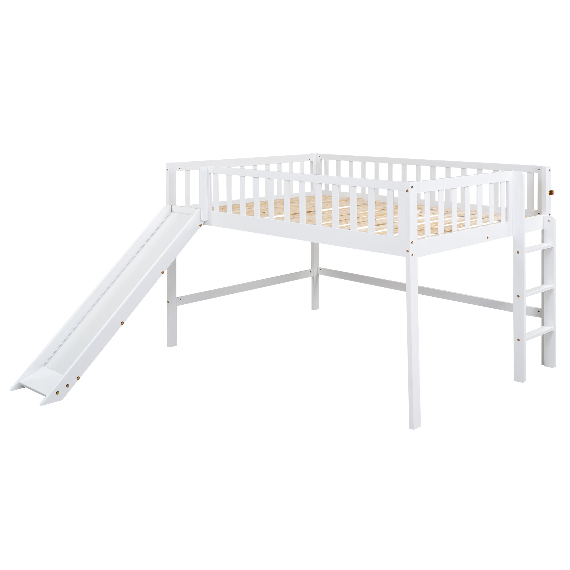 Full Size Low Loft Bed with Ladder and Slide,White