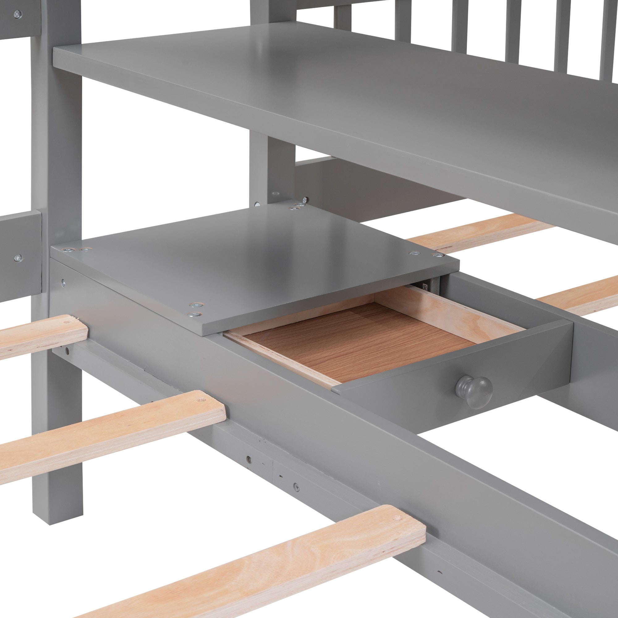 Full-Over-Twin-Twin Bunk Bed with Shelves, Wardrobe and Mirror, Gray