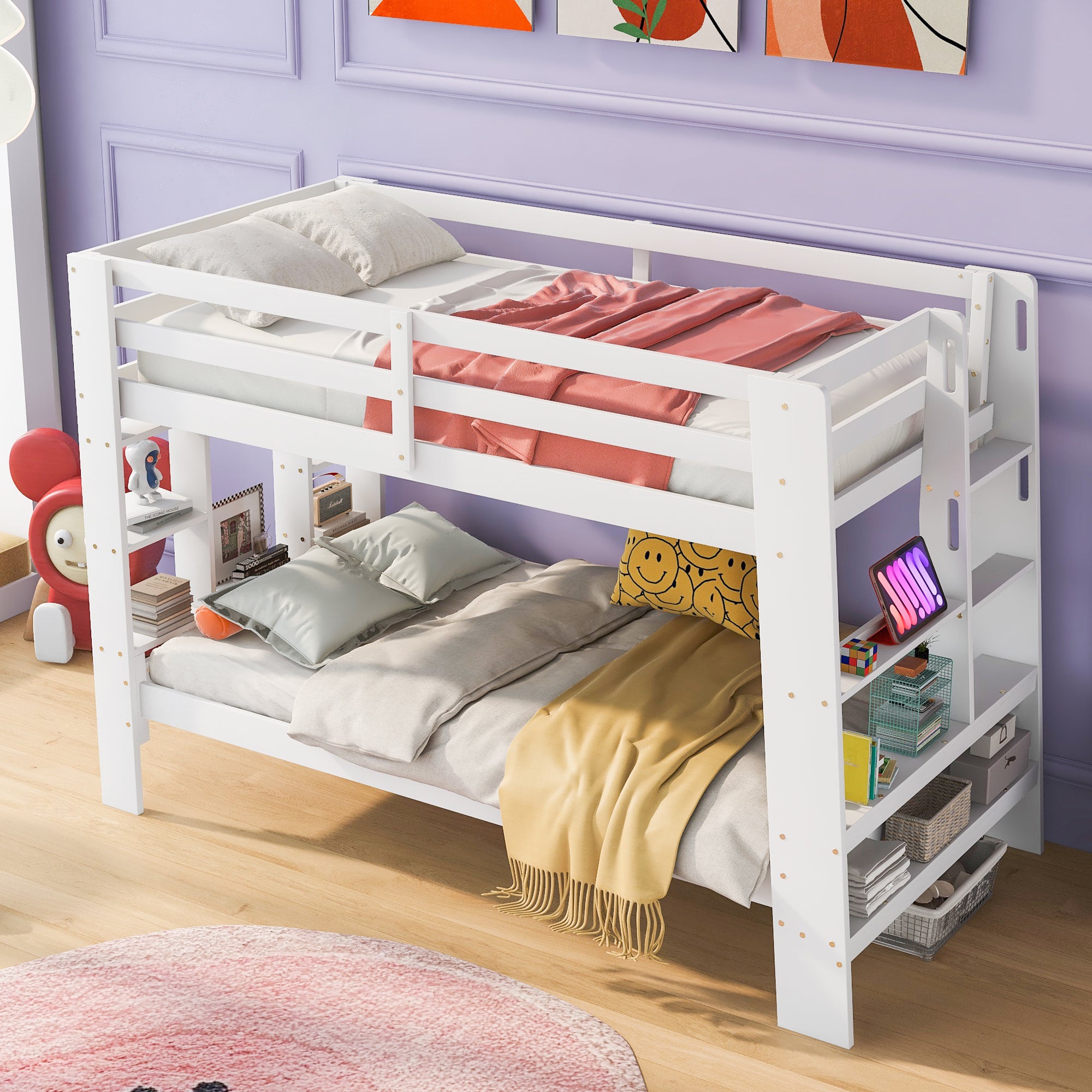 Twin over Twin Bunk Bed with Shelves and Built-in Ladder, White