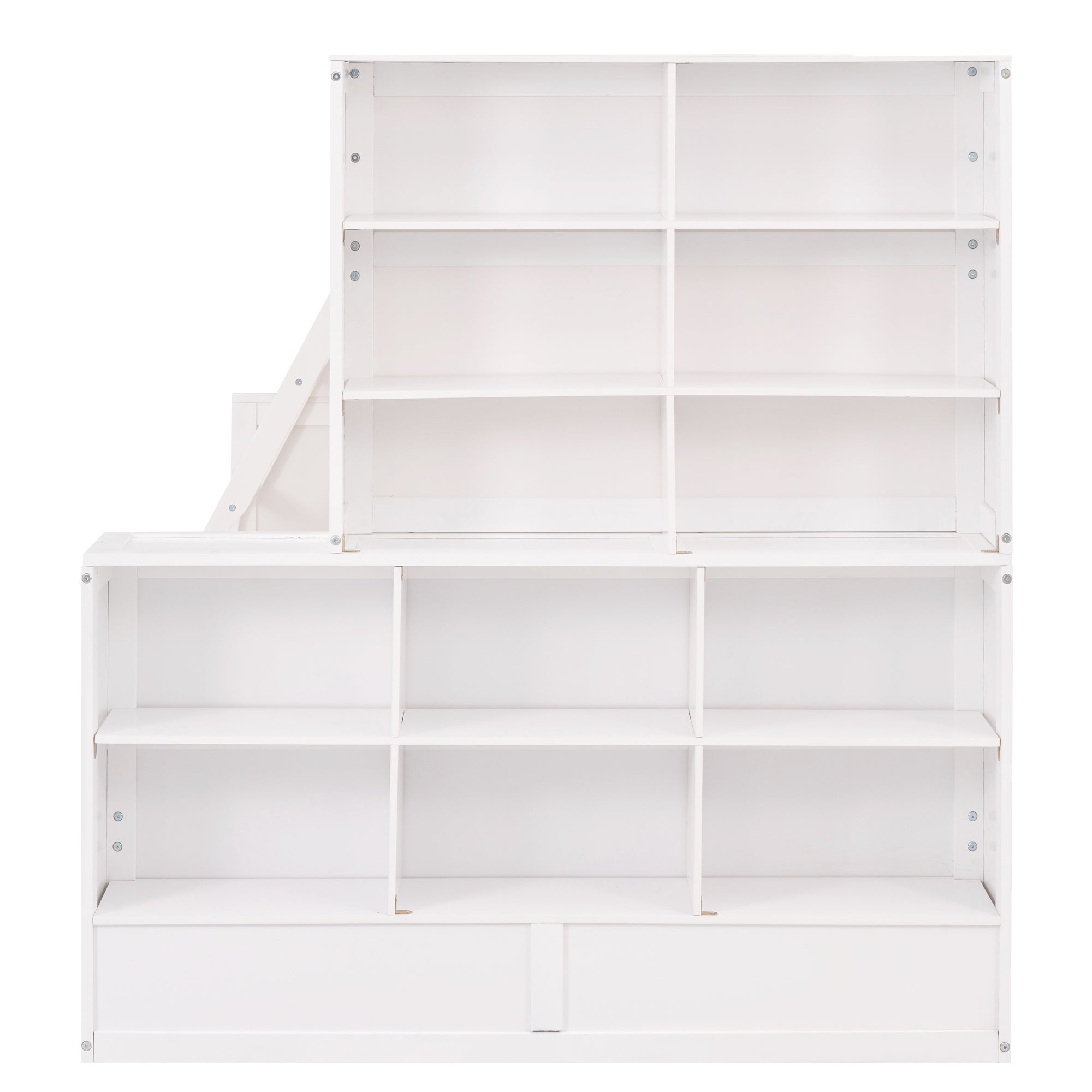 Twin over Full Bunk Bed with Trundle and Shelves, can be Separated into Three Separate Platform Beds, White