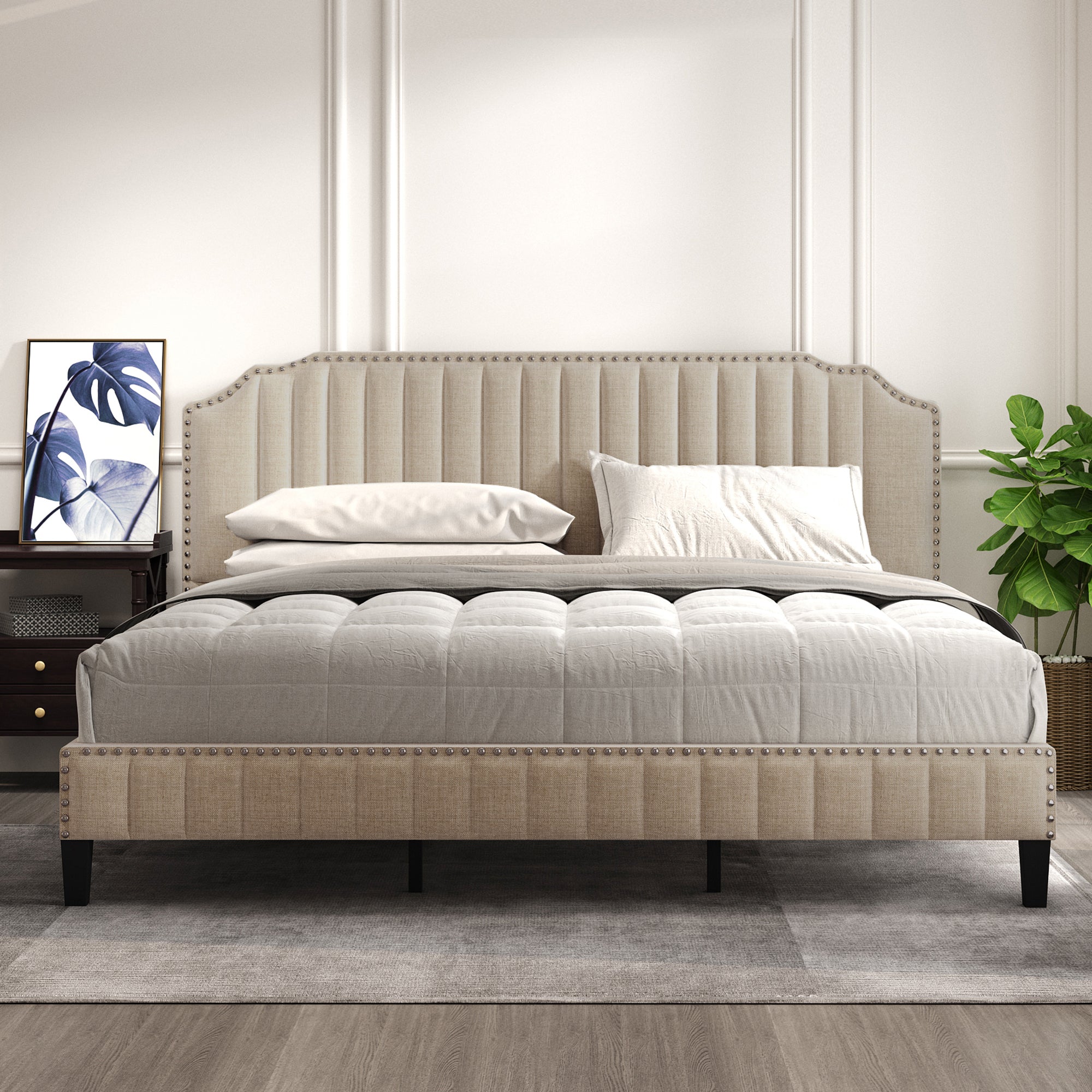 3 Pieces Bedroom Set Modern Linen Curved Upholstered Beige Platform King Bed with Two Black Cherry Nightstands