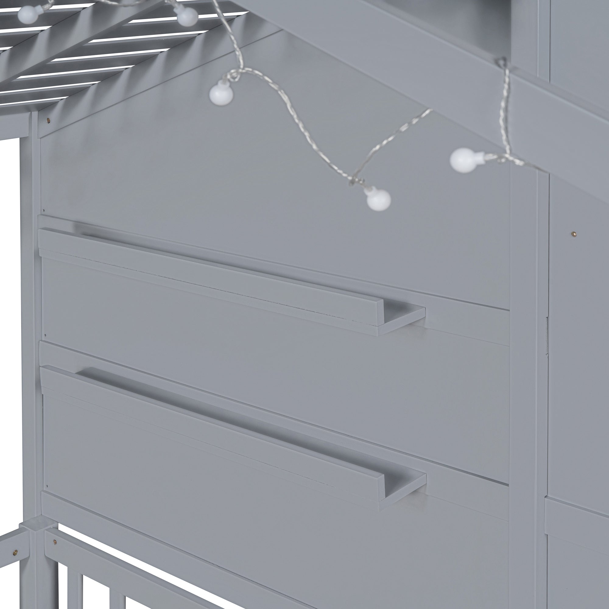 Twin Size House Bed with Shelves, House Bed with Window and Sparkling Light Strip on the Roof, Gray