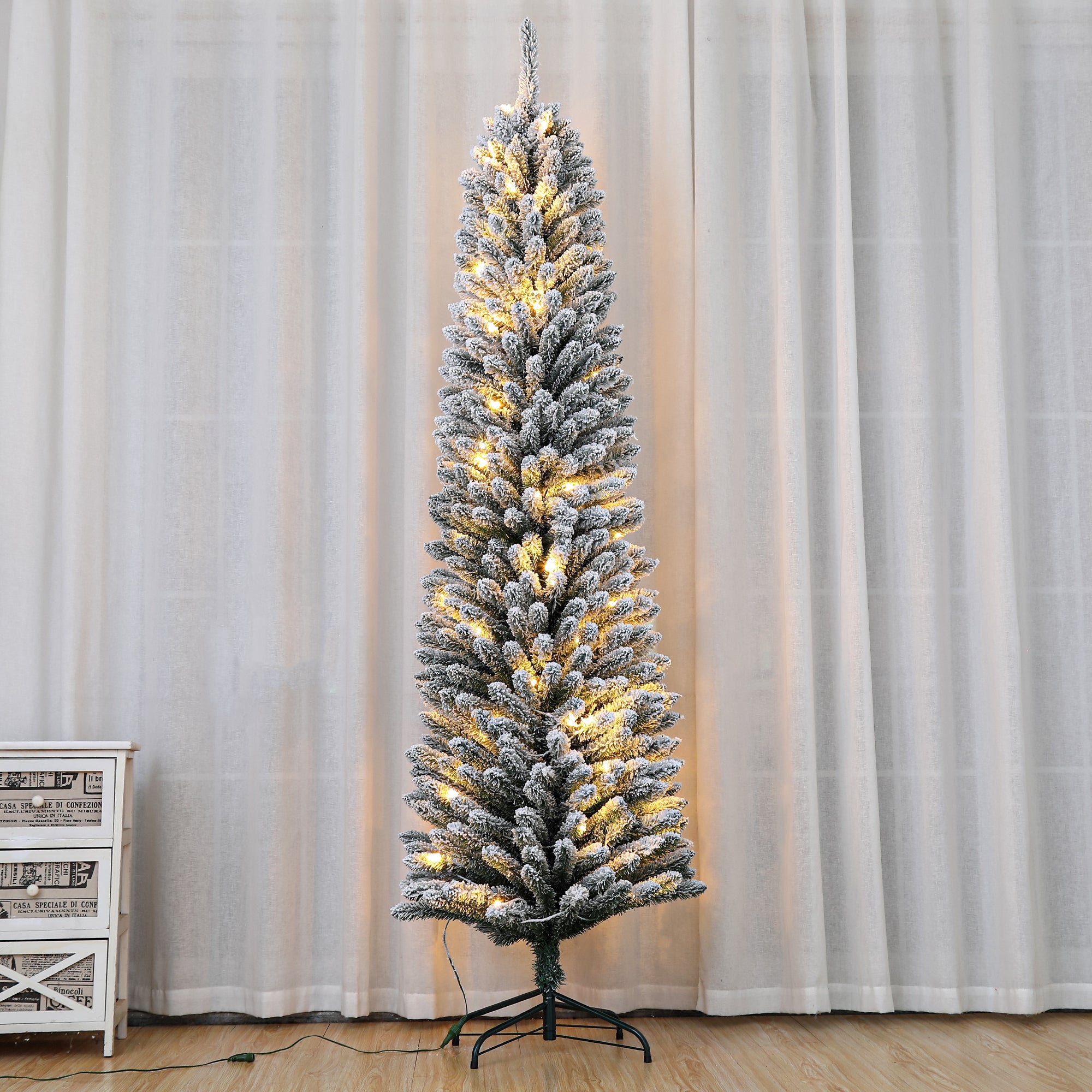 7 Feet Prelit Snow Flocked Pencil Christmas Tree Decoration 150 LED UL Plug Warm Lights 570 Branch Artificial Slim Xmas Tree Indoor Outdoor Home Decor Holiday