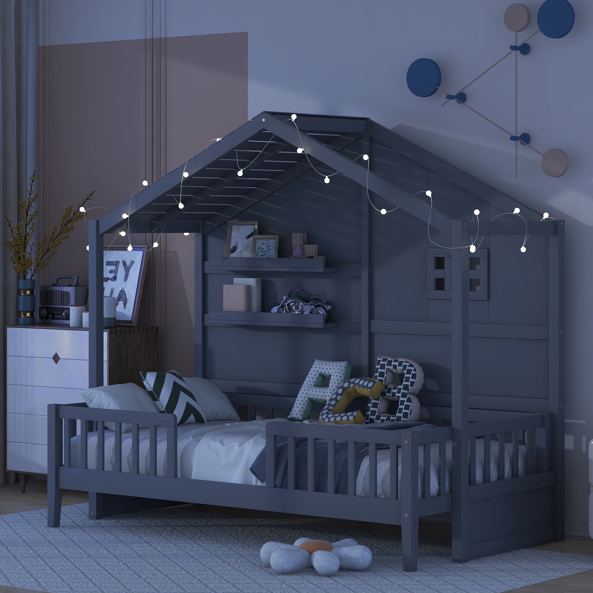 Twin Size House Bed with Shelves, House Bed with Window and Sparkling Light Strip on the Roof, Gray
