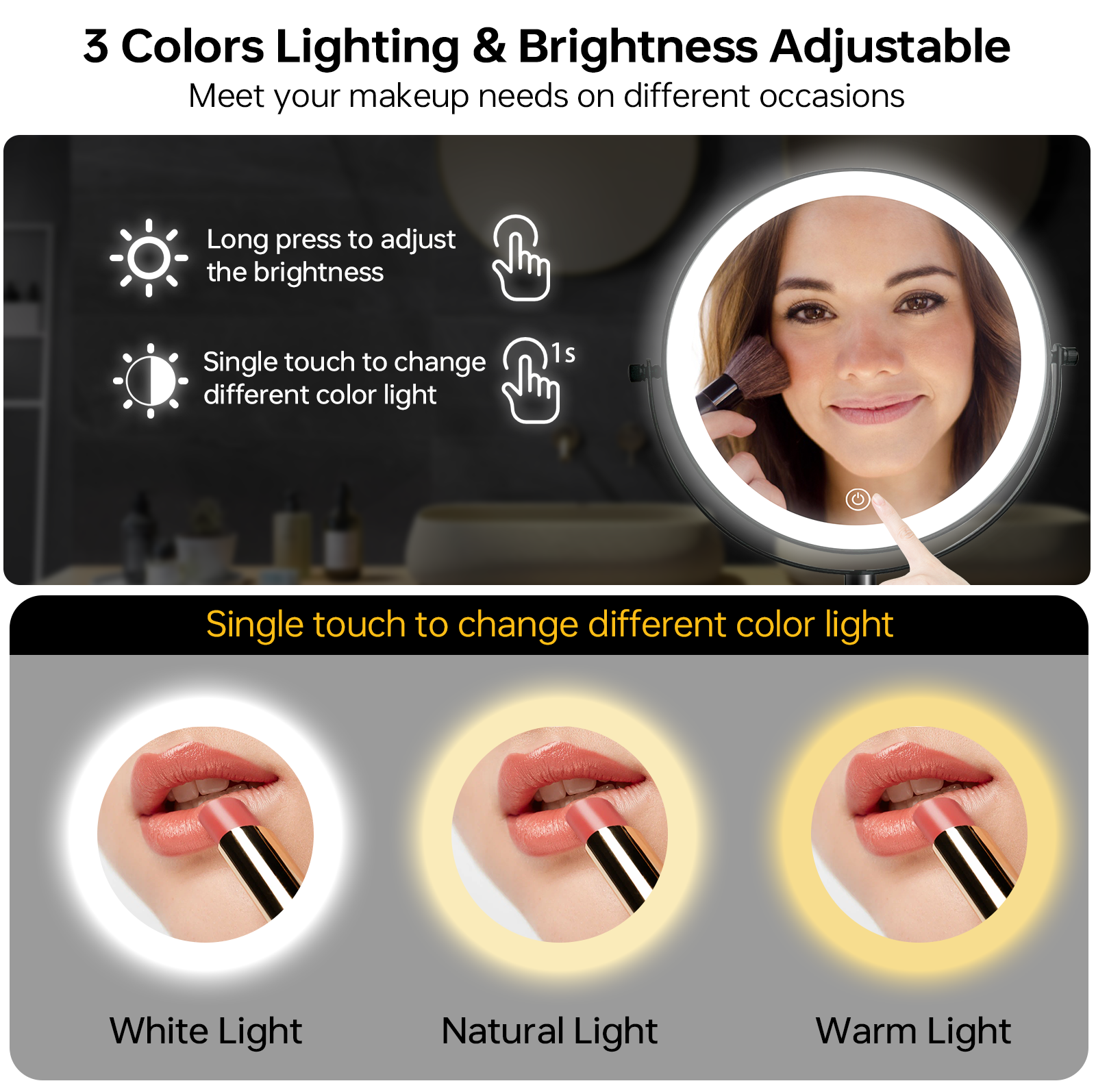 8 Inch Wall-Mounted Makeup Mirror, Double Sided 1x/10x Magnifying Makeup Mirror, 3 Colour Lights Touch Screen Dimmable Bathroom Mirror, 360° Swivel Vanity Mirror Built-In Battery (Black)