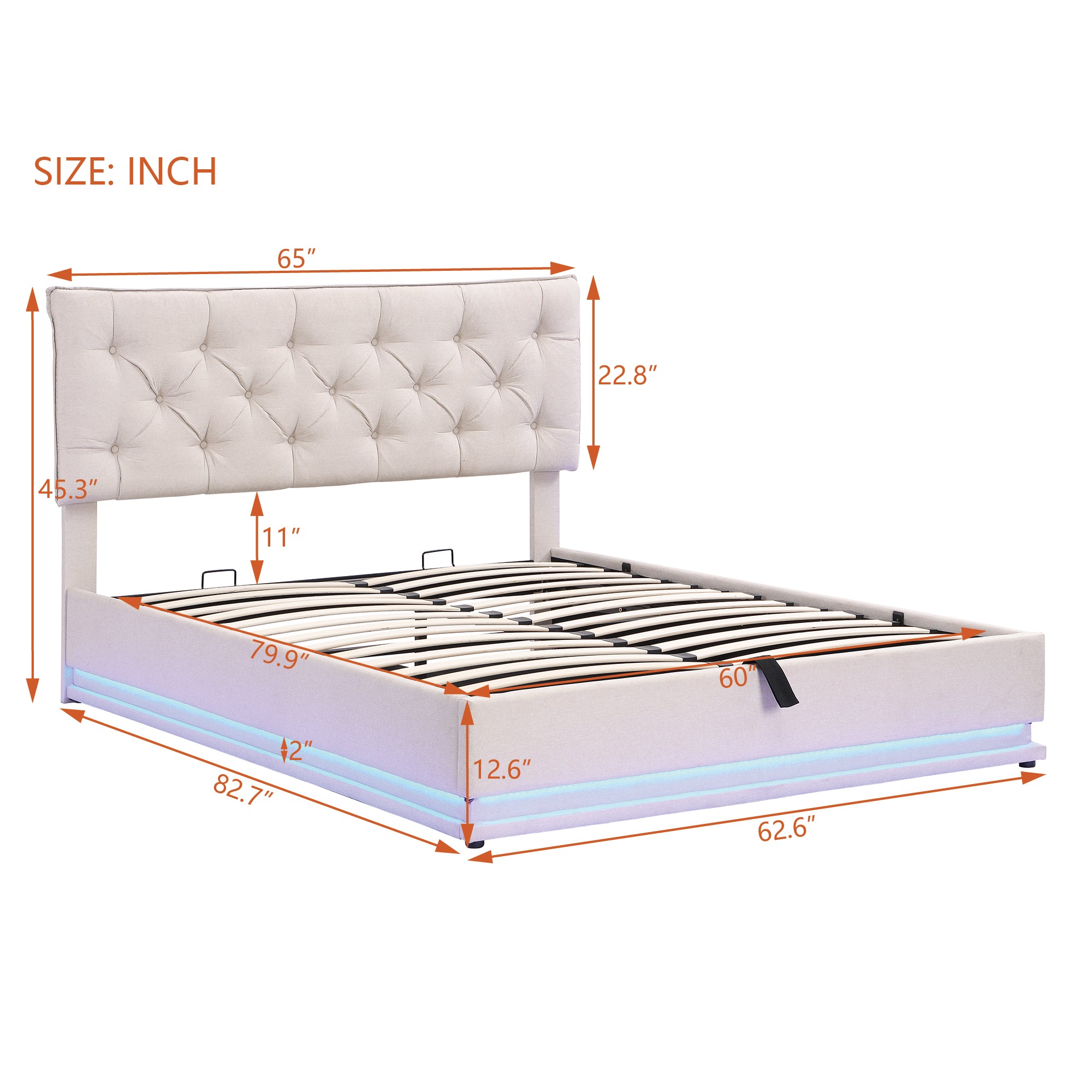 Queen Size Upholstered Bed with Hydraulic Storage System and LED Light, Modern Platform Bed with Button-tufted Design Headboard, Beige