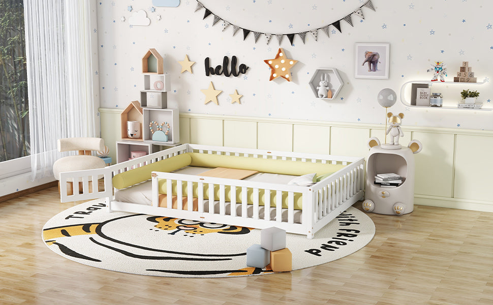 Queen Size Bed Floor Bed with Safety Guardrails and Door for Kids, White (Expect Arrival Date Nov.2nd)