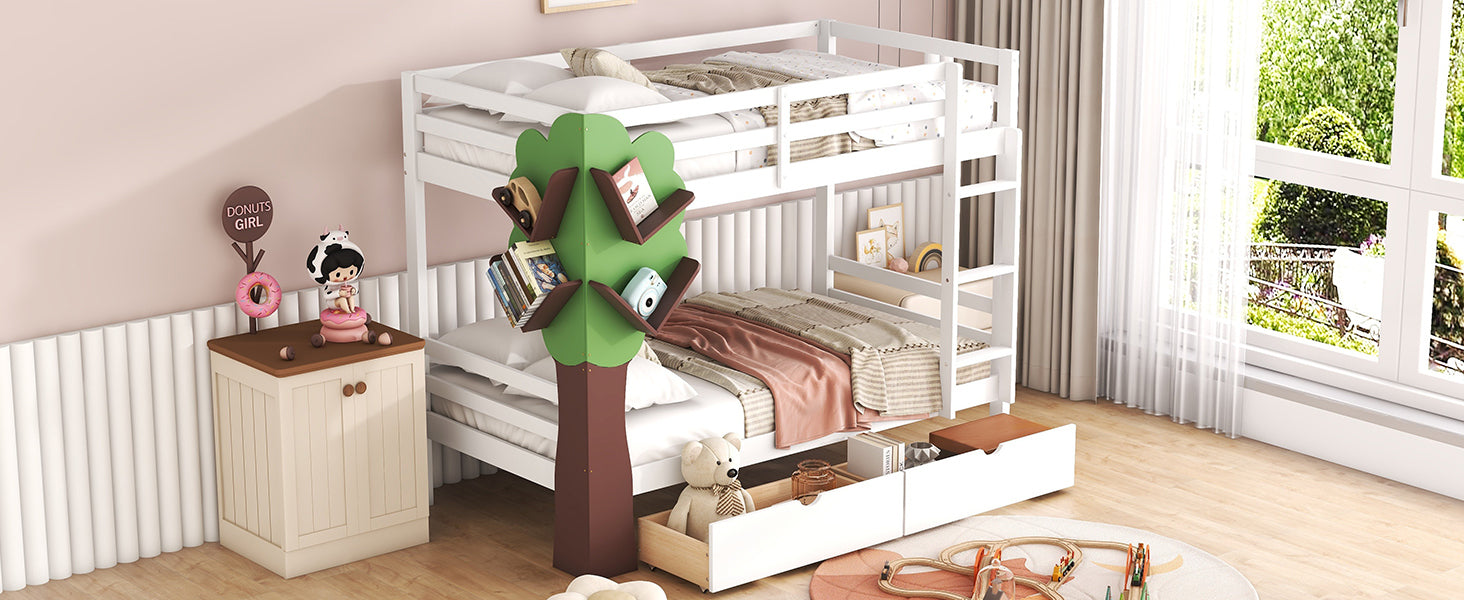Twin-Over-Twin Bunk Bed with a Tree Decor and Two Storage Drawers, White