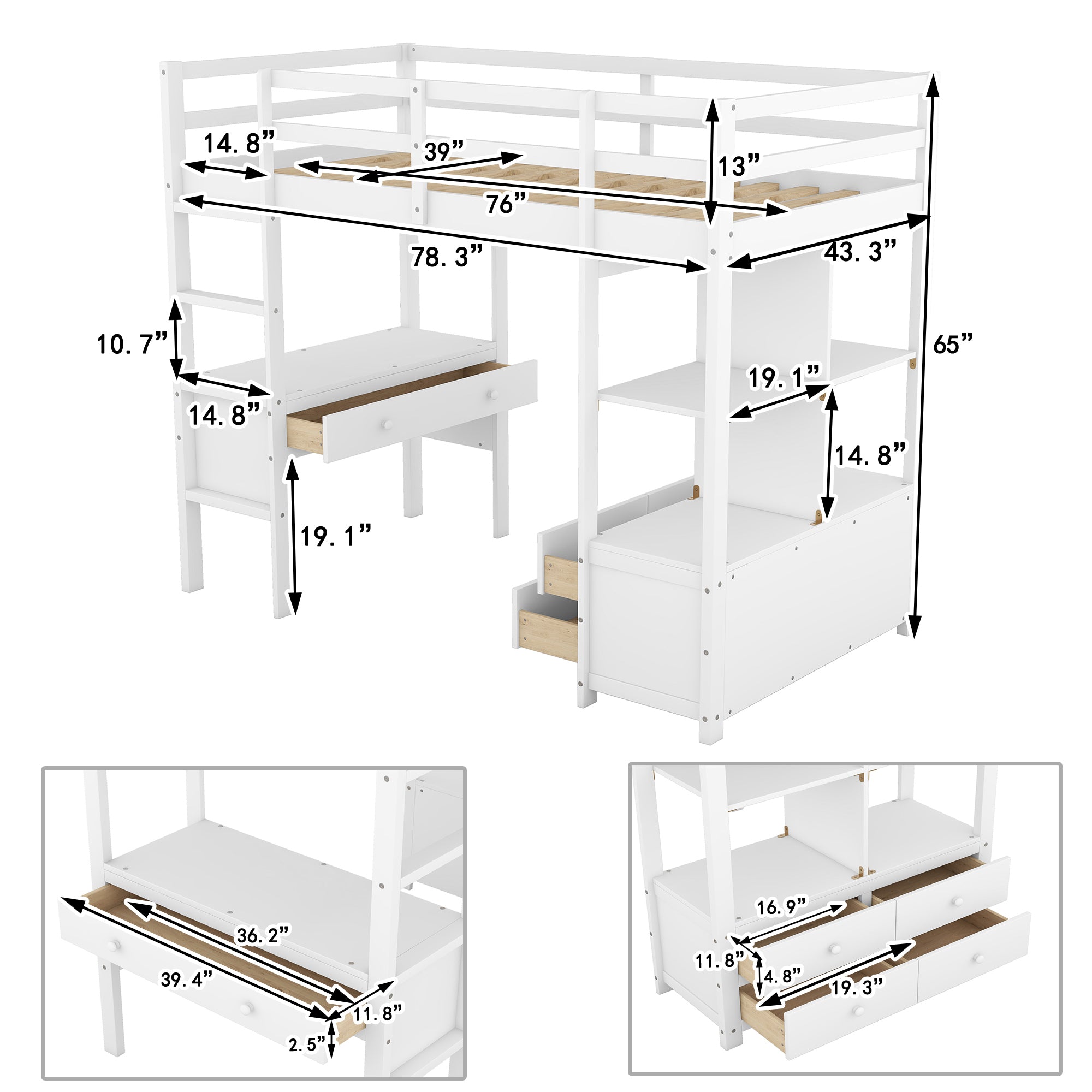 Twin Size Loft Bed with Built-in Desk with Two Drawers, and Storage Shelves and Drawers,White