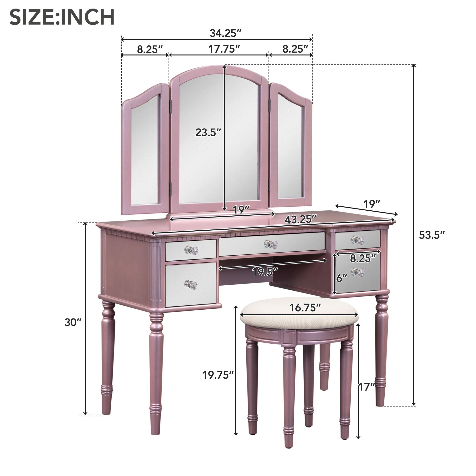 43" Dressing Table Set with Mirrored Drawers and Stool, Tri-fold Mirror, Makeup Vanity Set for Bedroom, Rose Gold