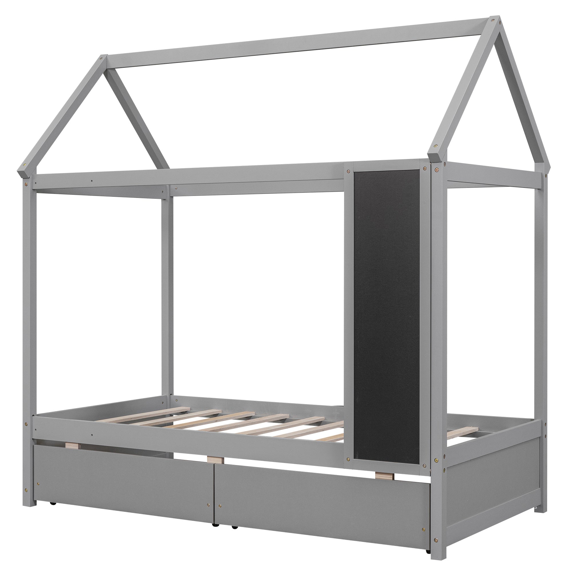 Twin Size House Bed with Drawers and Blackboard, Gray