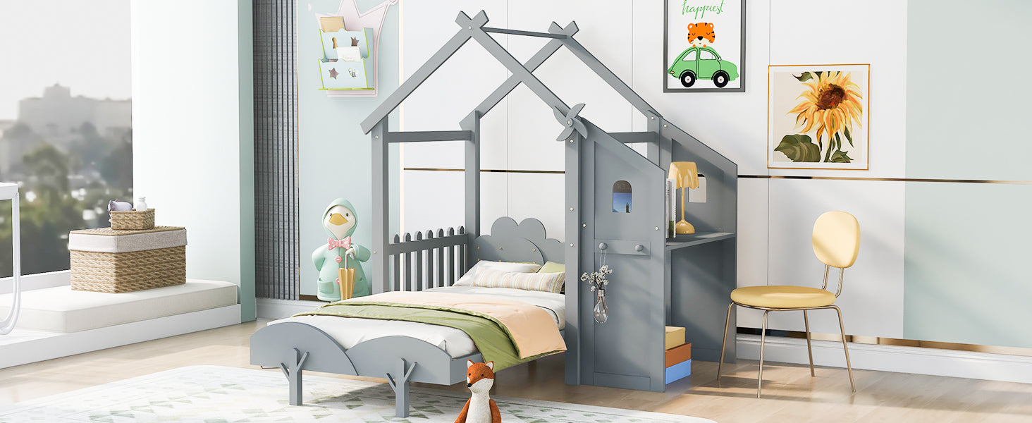 Twin Size Platform Bed with Windmill and Flower Decor, House Bed with Desk and two Handles, Gray