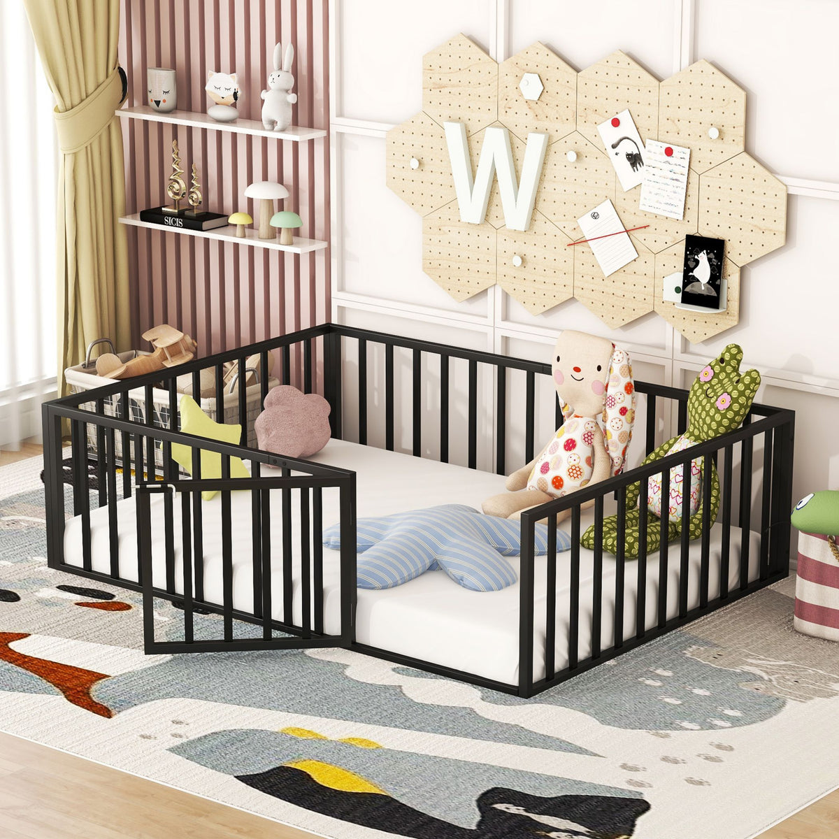 Metal Floor Fence Bed, Montessori Bedframe, with Safety Guardrail and Door