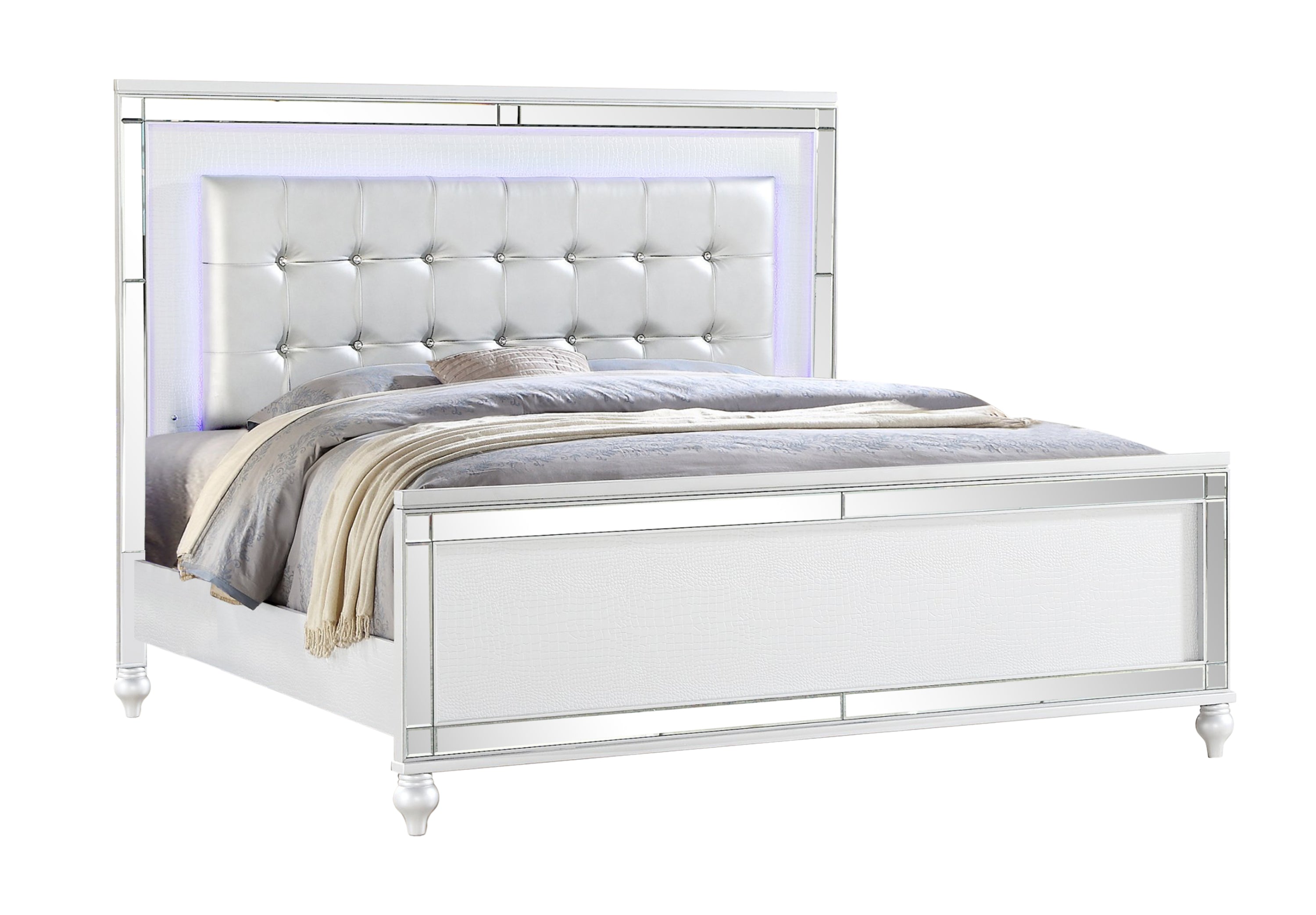 Sterling King Size Upholstered LED Bed made with wood in White Color