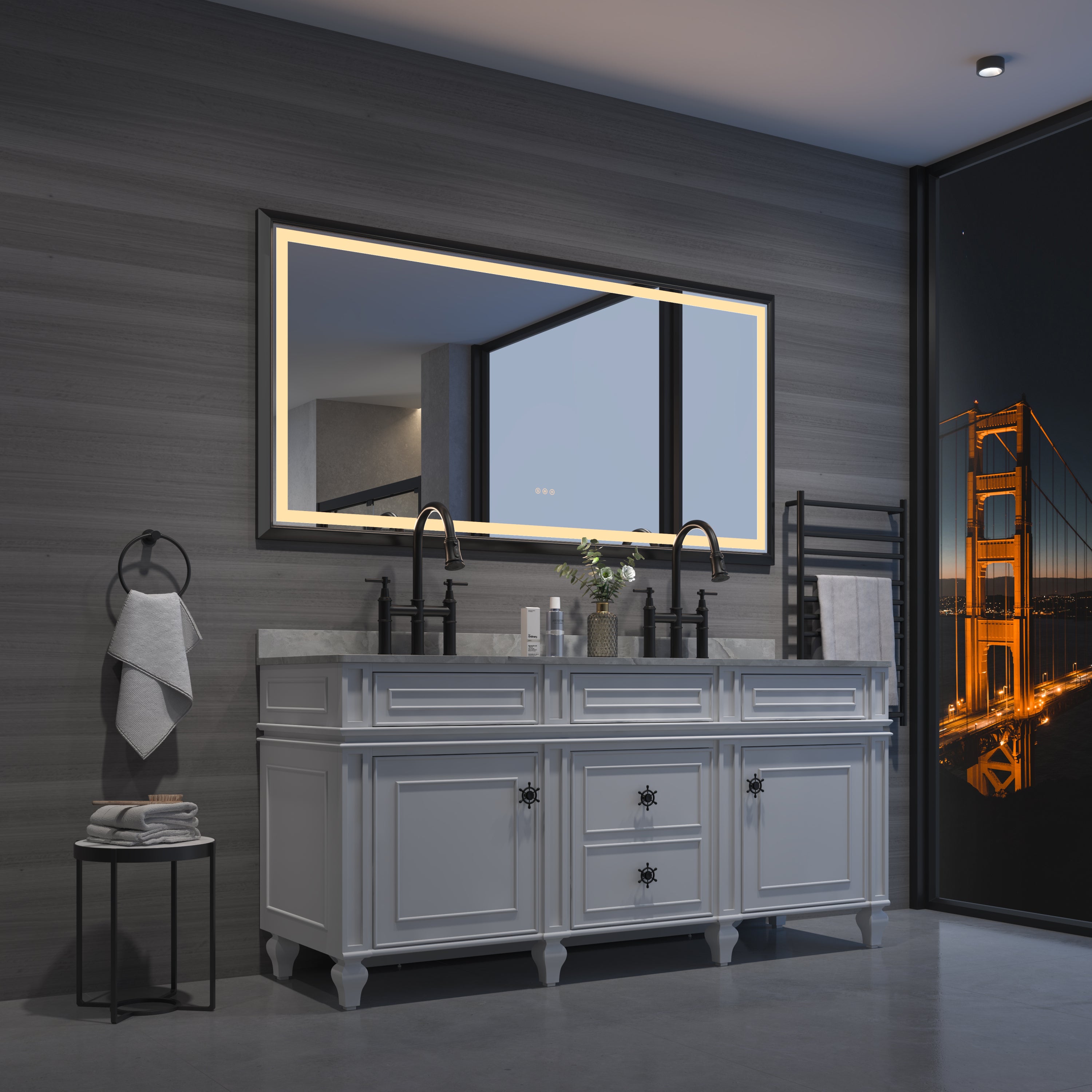 bathroom led mirror is multi-functional and each function is controlled by a smart touch button.