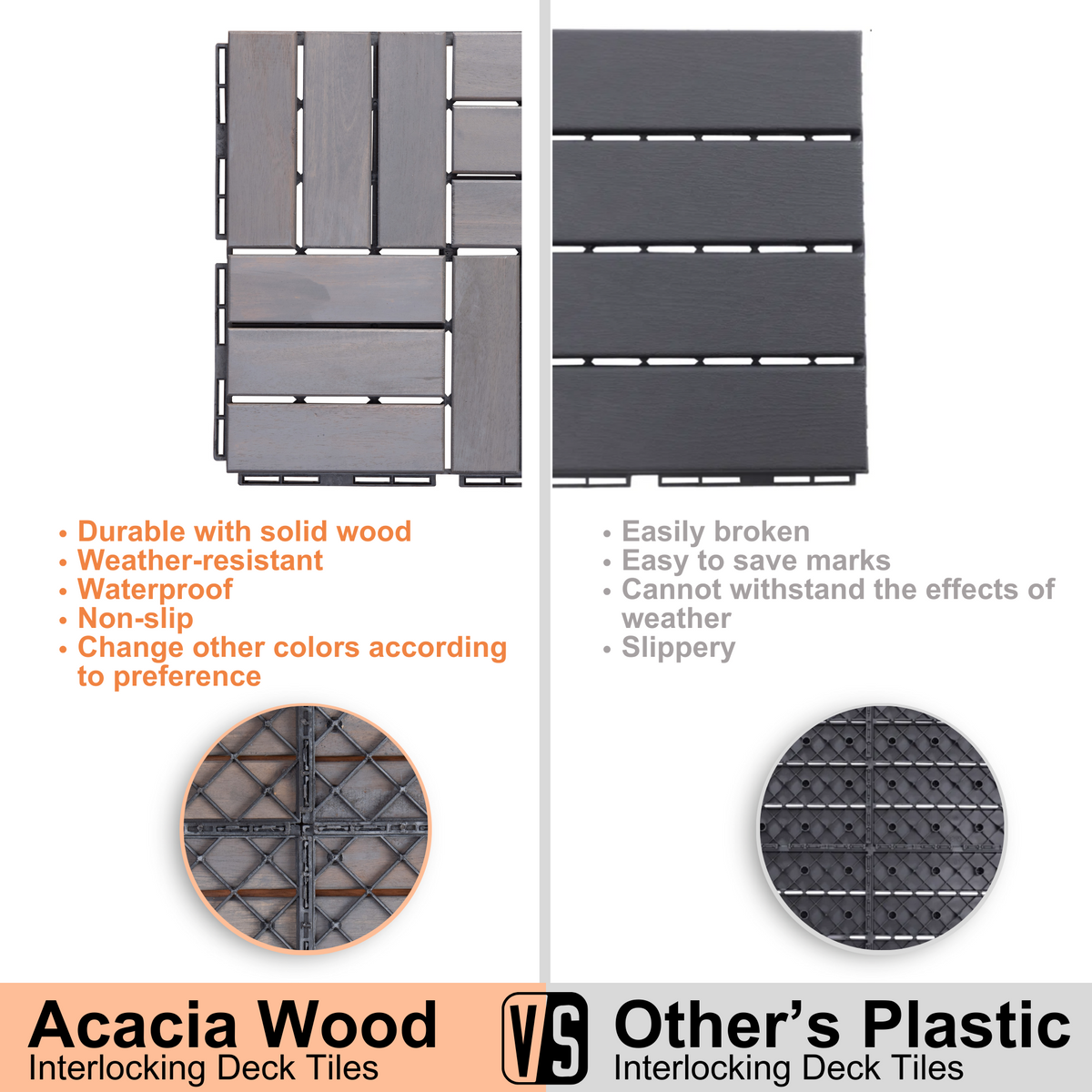 30 PCS Interlocking Deck Tiles Checker Pattern, 12" x 12" Square Light Gray Acacia Hardwood Outdoor Flooring for Patio, Bancony, Pool Side,...