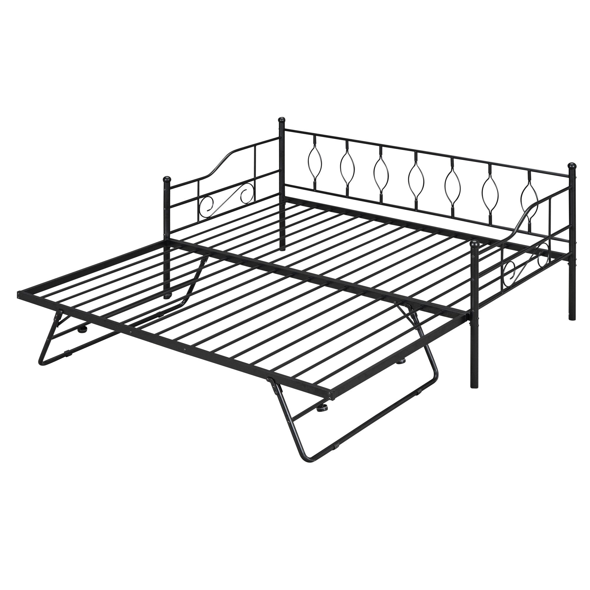Twin Size Metal Daybed with Twin Size Adjustable Trundle, Portable Folding Trundle, Black