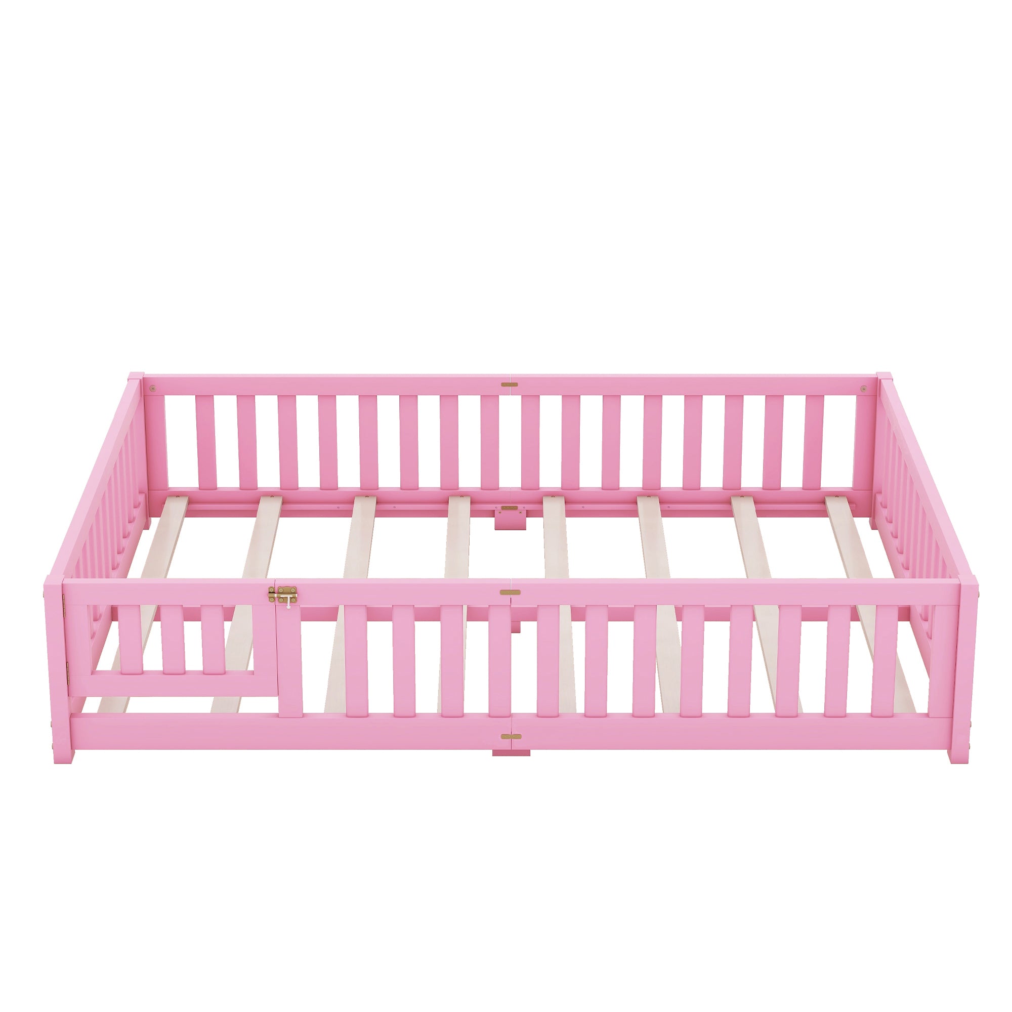 Queen Size Bed Floor Bed with Safety Guardrails and Door for Kids, Pink (Expect Arrival Date Nov.2nd)