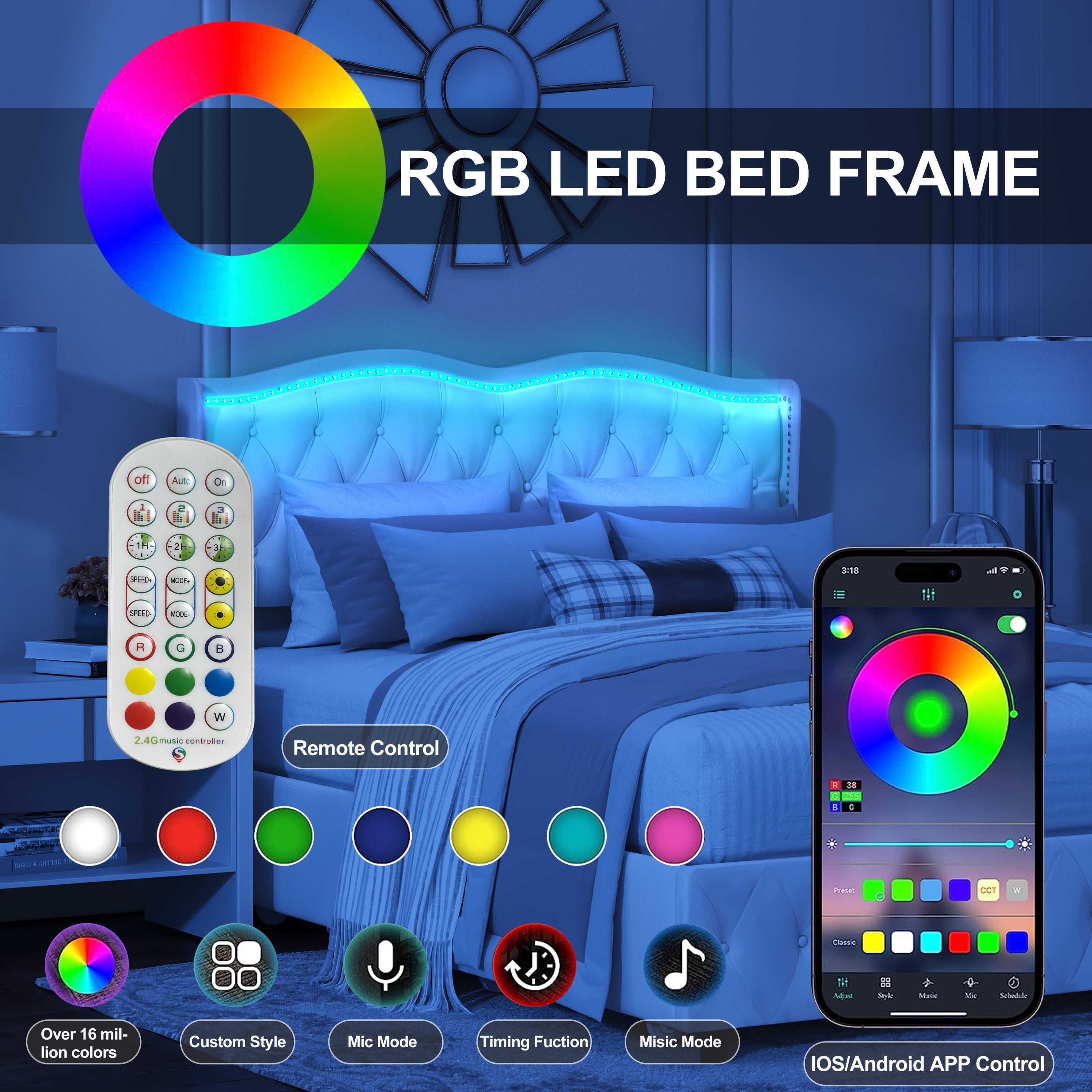 Queen Platform Bed Frame , Velvet Upholstered Bed with Deep Tufted Buttons and Nailhead Trim, Adjustable Colorful LED Light Decorative Headboard, Bed Sides with Pull-Out Storage 4 Drawers, Black