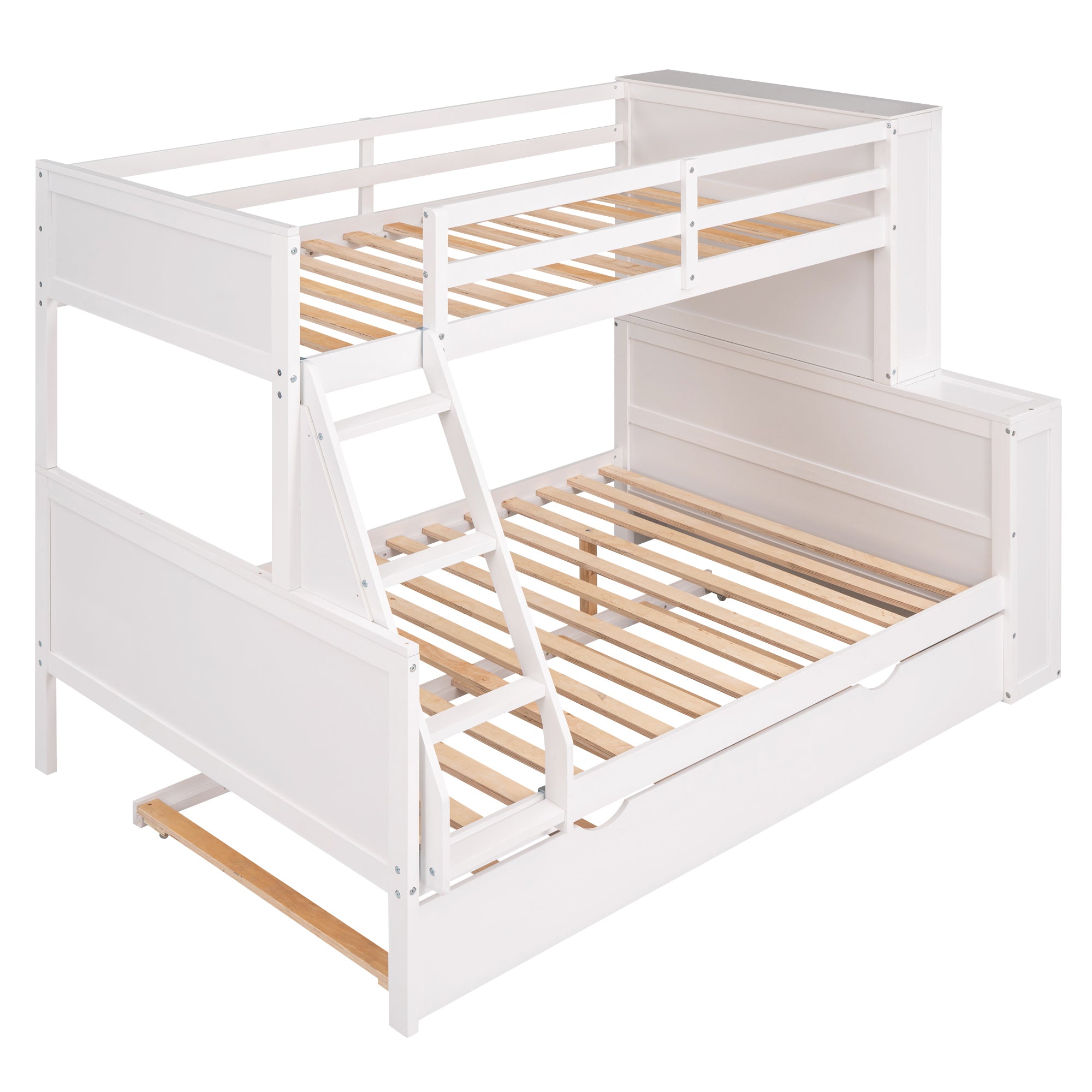 Twin over Full Bunk Bed with Trundle and Shelves, can be Separated into Three Separate Platform Beds, White