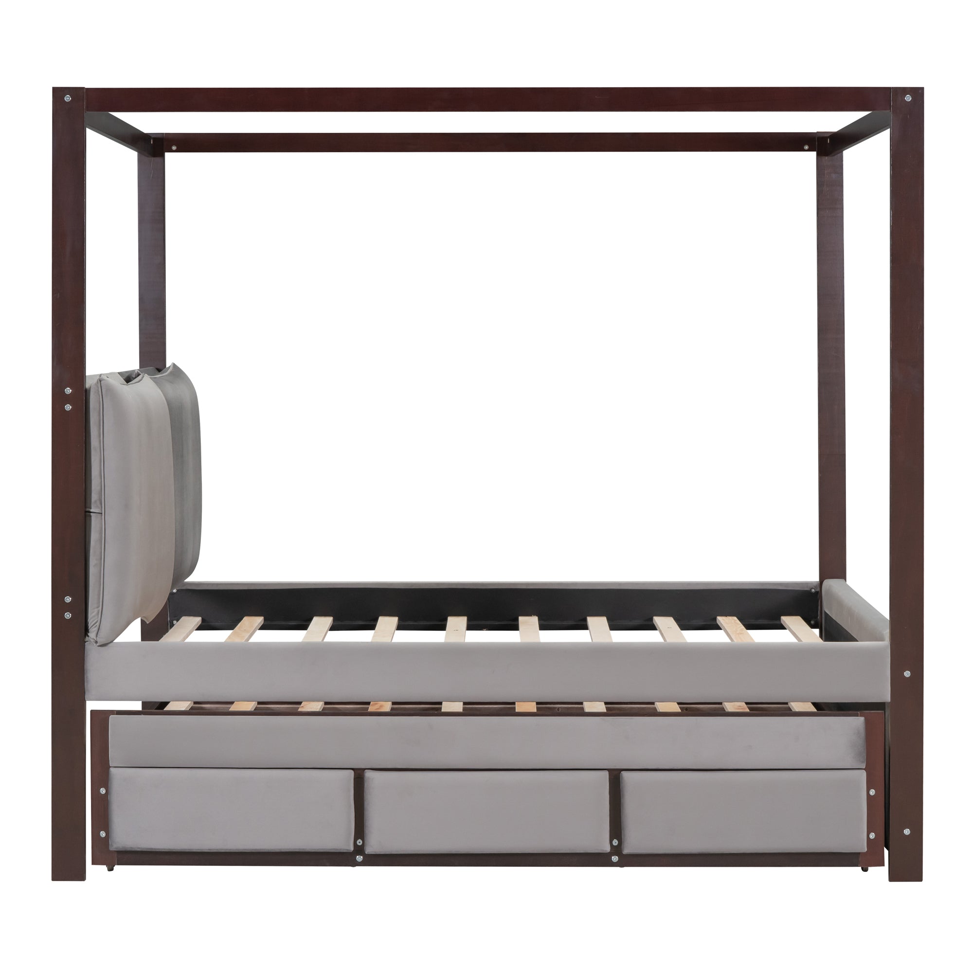 Full Size Upholstered Canopy Bed with Trundle and 3 Drawers, Gray