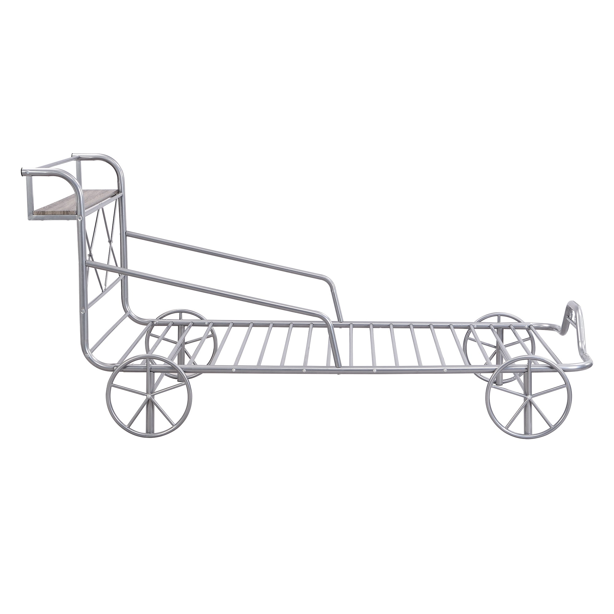 Twin Size Metal Car Bed with Four Wheels, Guardrails and X-Shaped Frame Shelf, Silver(Old SKU: MF297599AAN)
