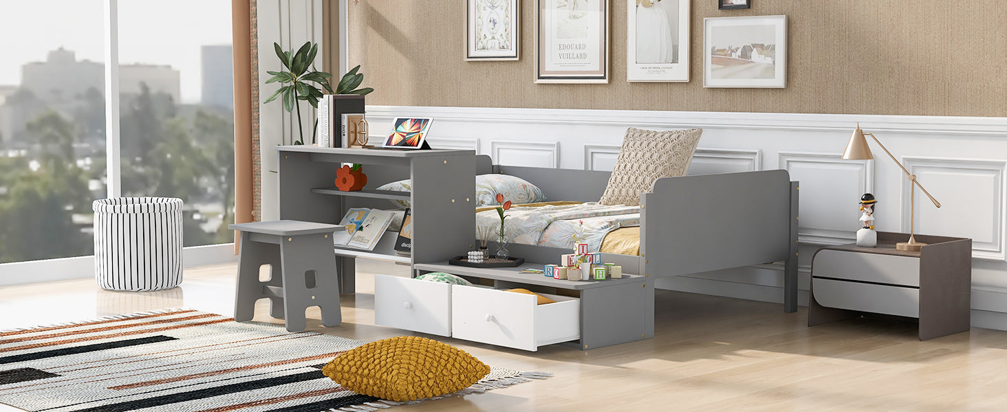Wood Twin Size Platform Bed with 2 Drawers and 1 Chair&Desk Set, Gray+White(Expected Arrival Time: 11.22)