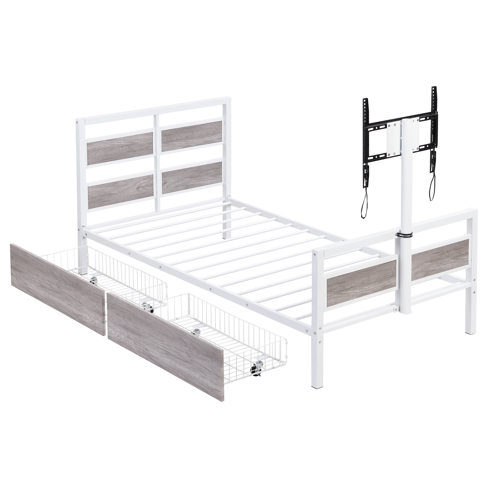 Twin Size Metal Platform Bed with MDF Headboard and Footboard,Two Storage Drawers and Rotatable TV Stand,White