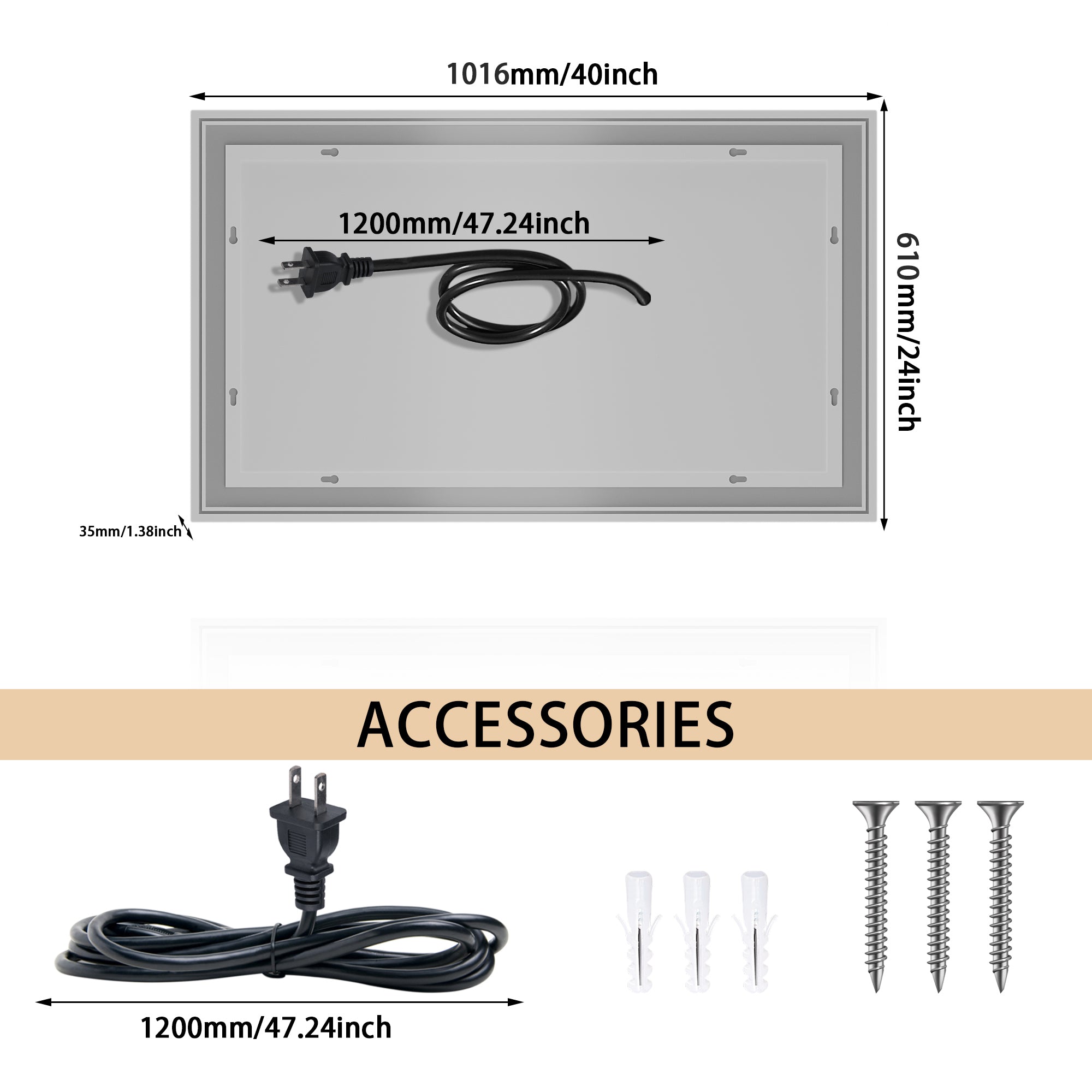LED-Lit bathroom mirror, wall mounted anti-fog memory Adjustable Brightness front and back light Rectangular Vanity mirror