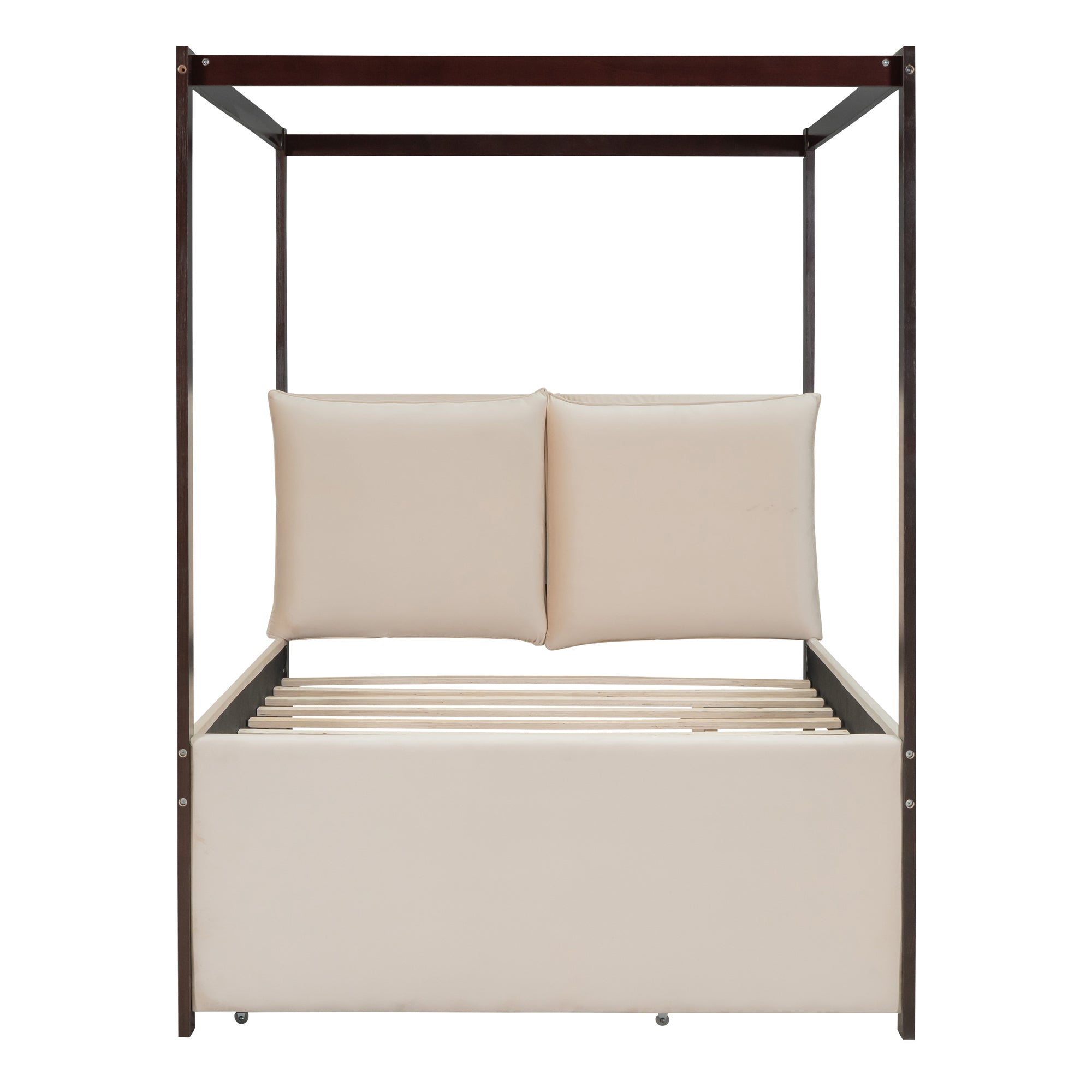 Full Size Upholstered Canopy Bed with Trundle and 3 Drawers, Beige