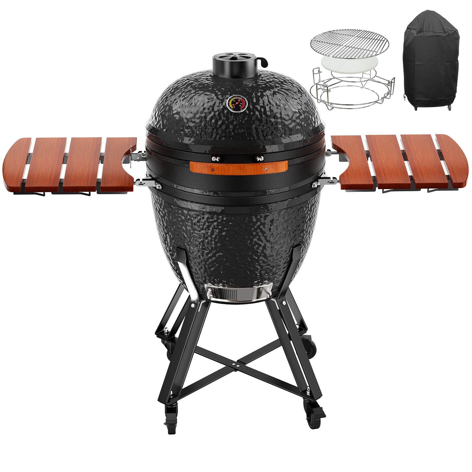 Kamado Portable Charcoal Grill with Side Shelves and Cover