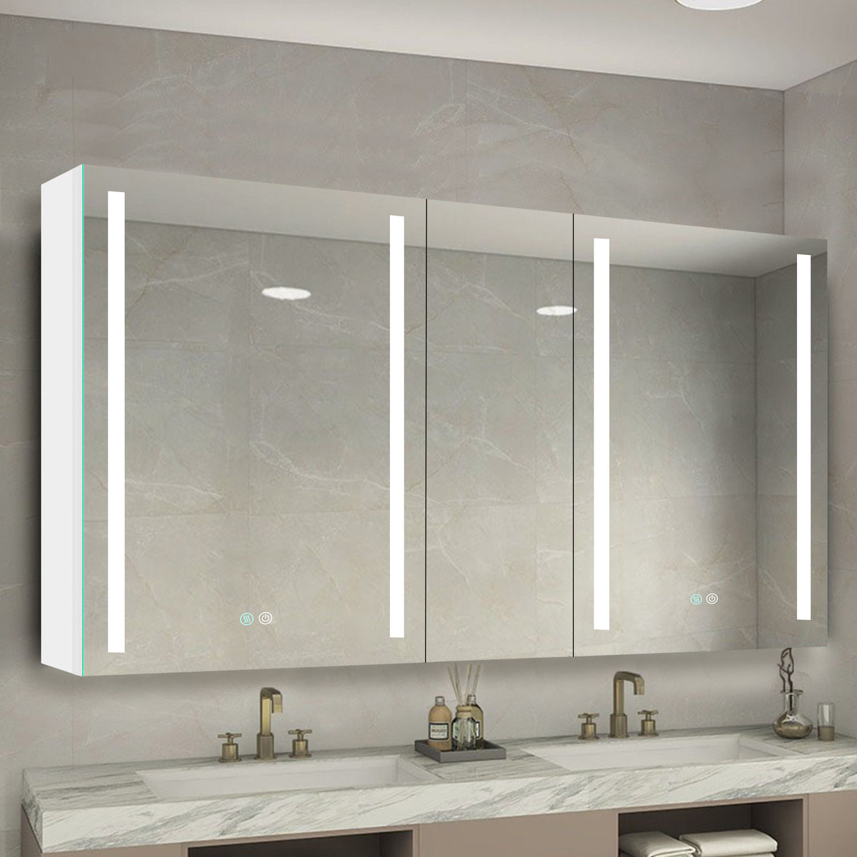 50x30 Inch LED Bathroom Medicine Cabinet Surface Mount Double Door Lighted Medicine Cabinet, Medicine Cabinets for Bathroom with Mirror Defogging, Dimmer White