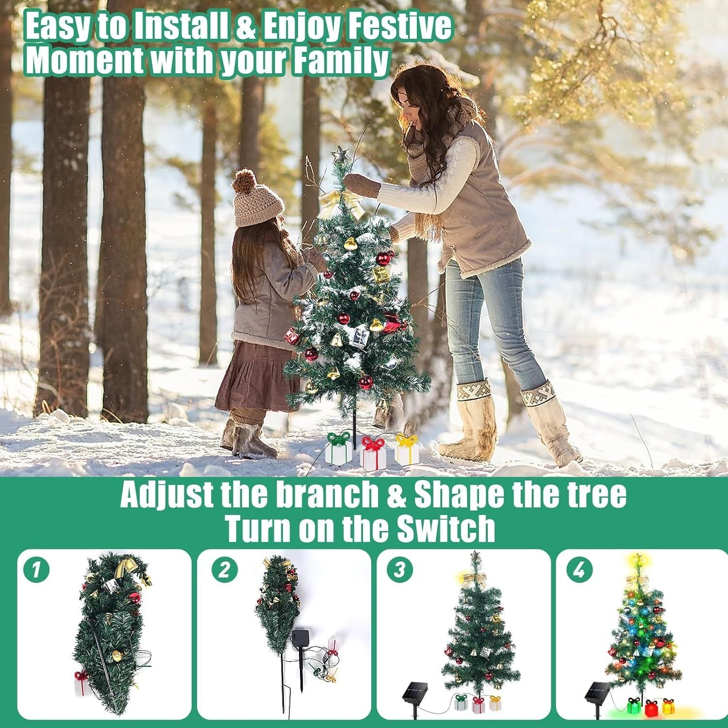 Solar Mini Christmas Tree Light Outdoor Decoration, 30 Inch Solar Tree Lights with 30 LED 8 Flashing Modes Decorated Prelit Gift Boxes & Ornaments for Pathway Patio Yard Garden Cemetery, 2PCS