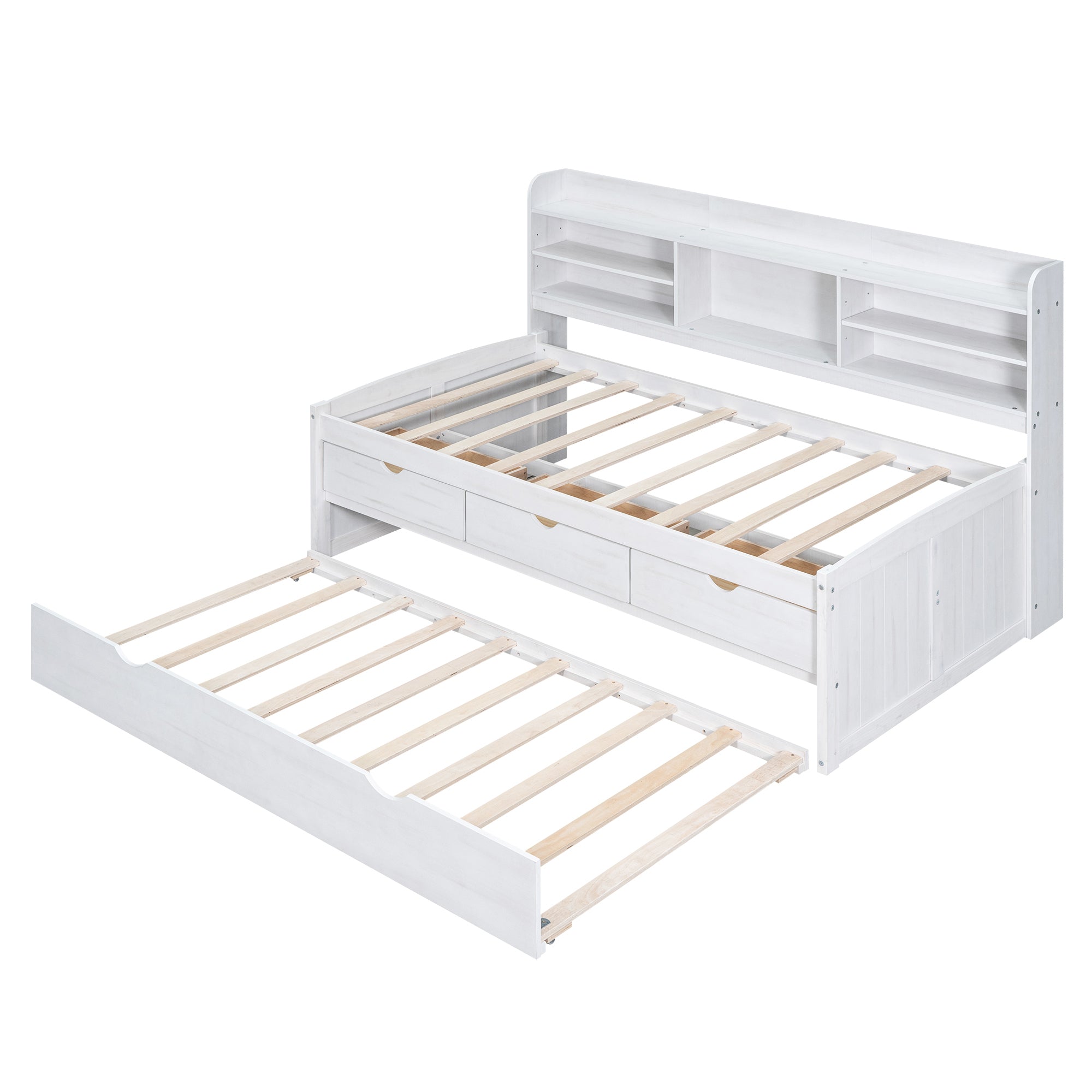 Twin Size Wooden Captain Bed with Built-in Bookshelves,Three Storage Drawers and Trundle, White Wash(Expected Arrivial Time: 11.17)