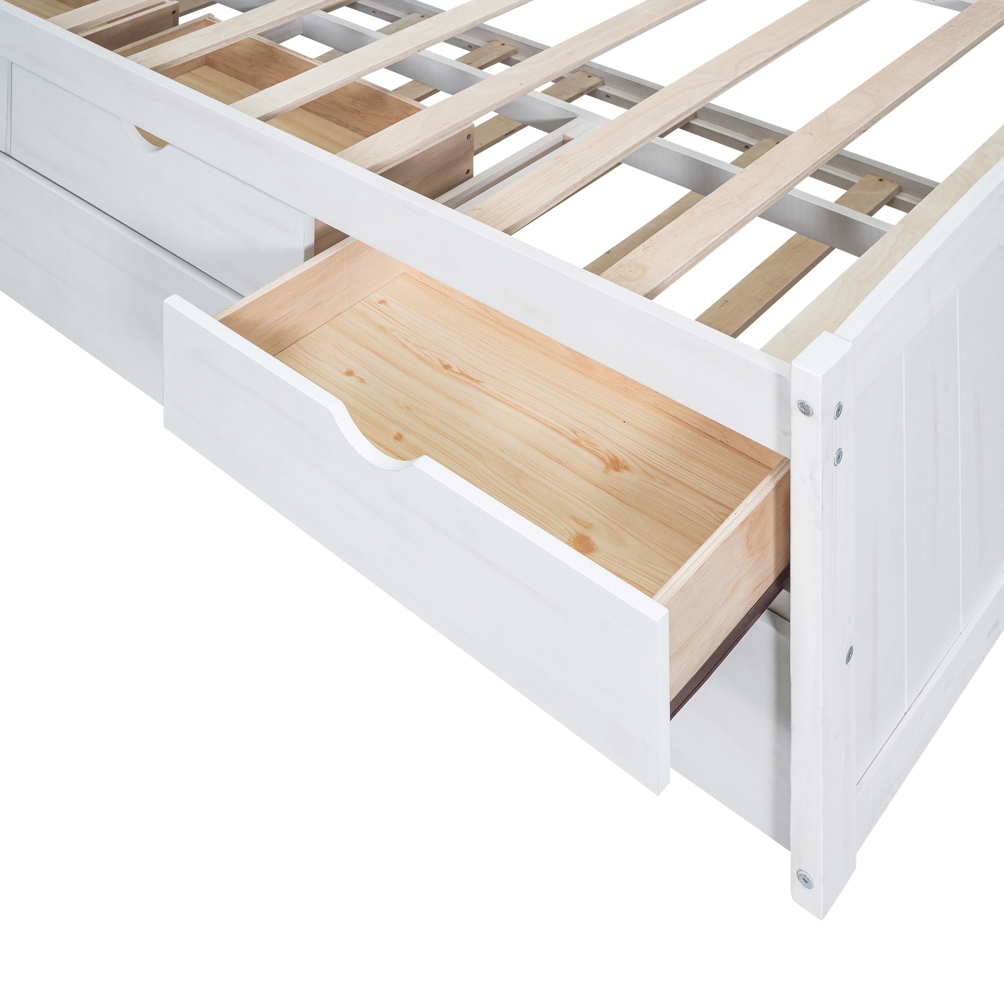 Twin Size Wooden Captain Bed with Built-in Bookshelves,Three Storage Drawers and Trundle, White Wash(Expected Arrivial Time: 11.17)