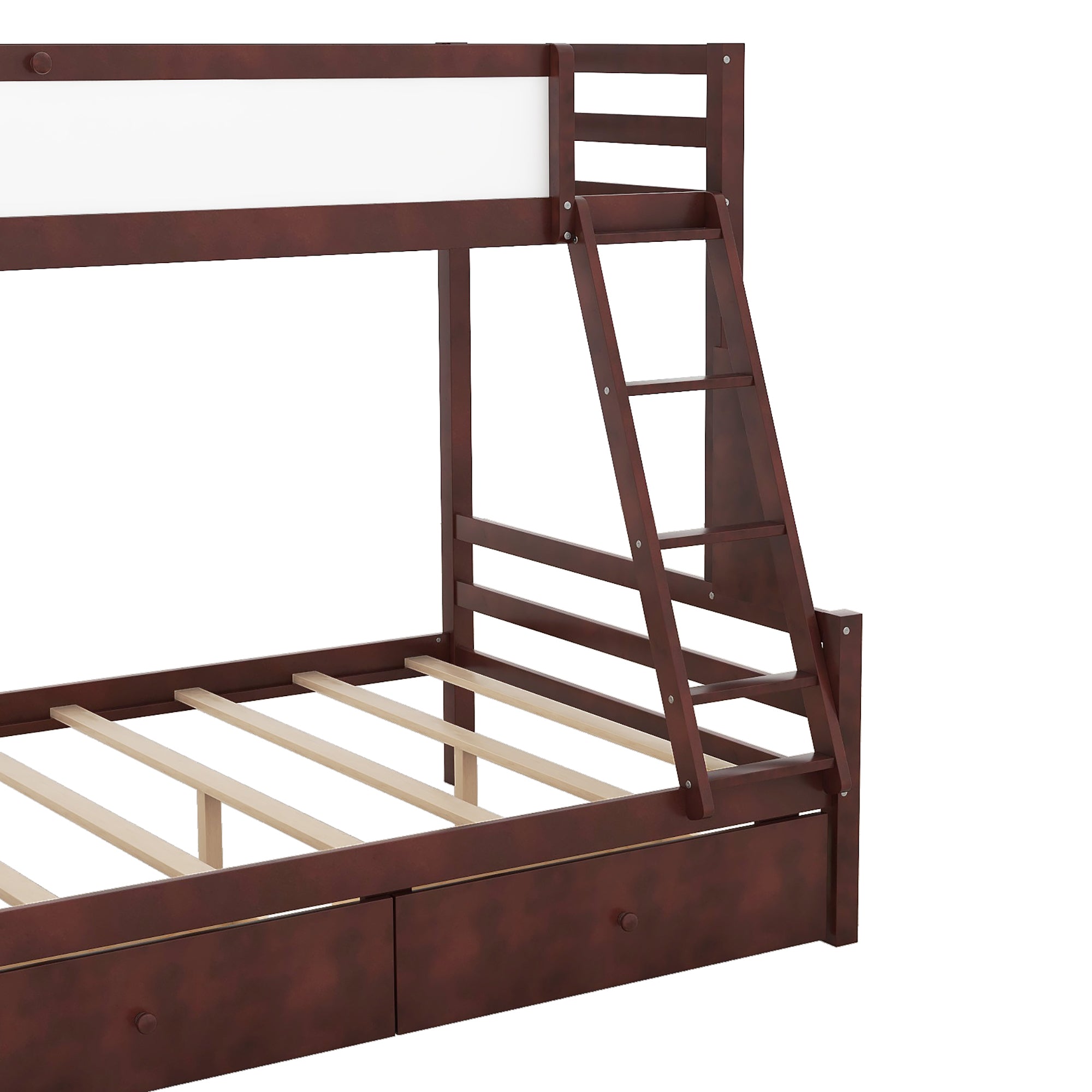 Wood Twin over Full Bunk Bed with Whiteboard, 3 Hooks and 2 Drawers, Espresso